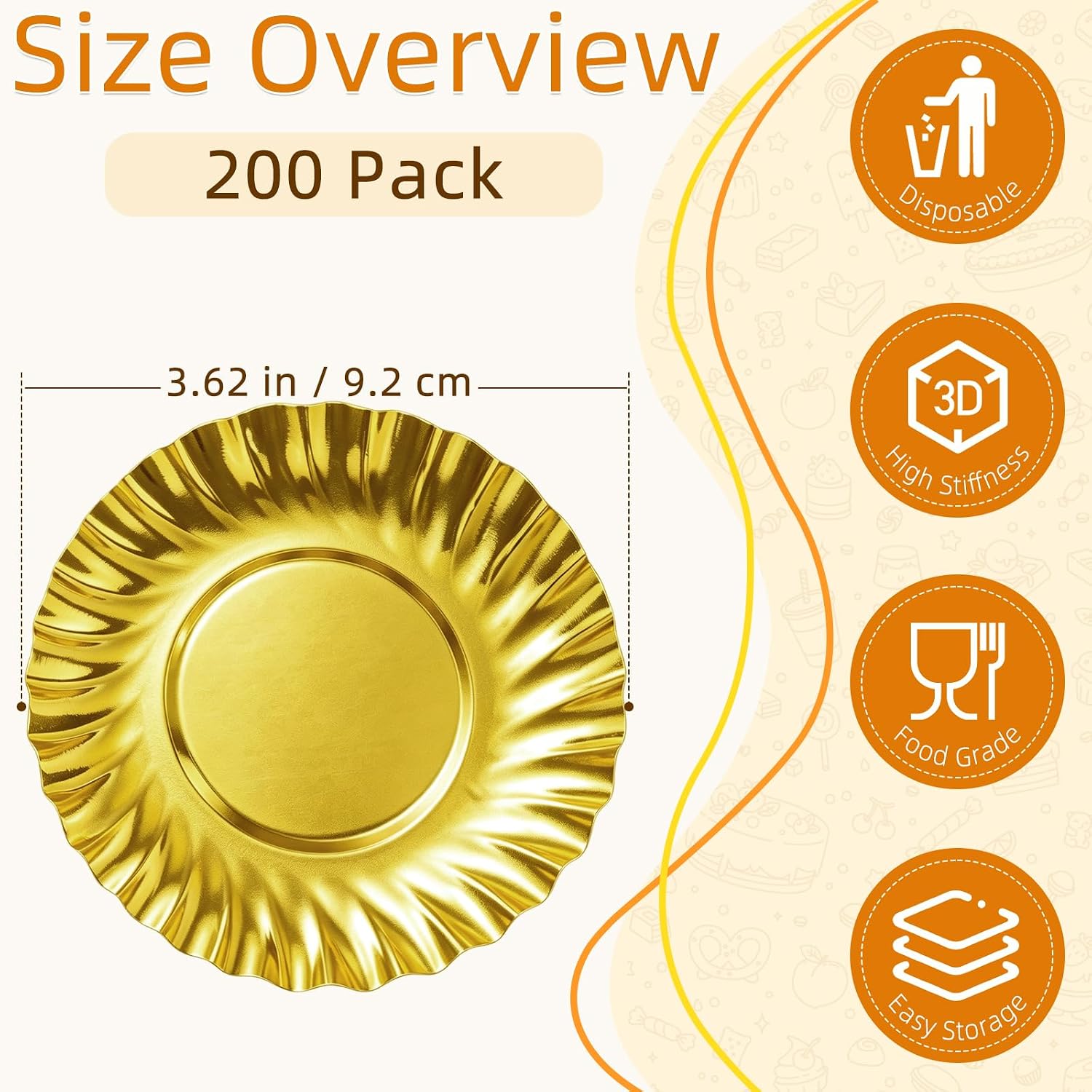 200 Pack 3.6 Inch Round Paper Gold Cupcake Plates Cupcake Base