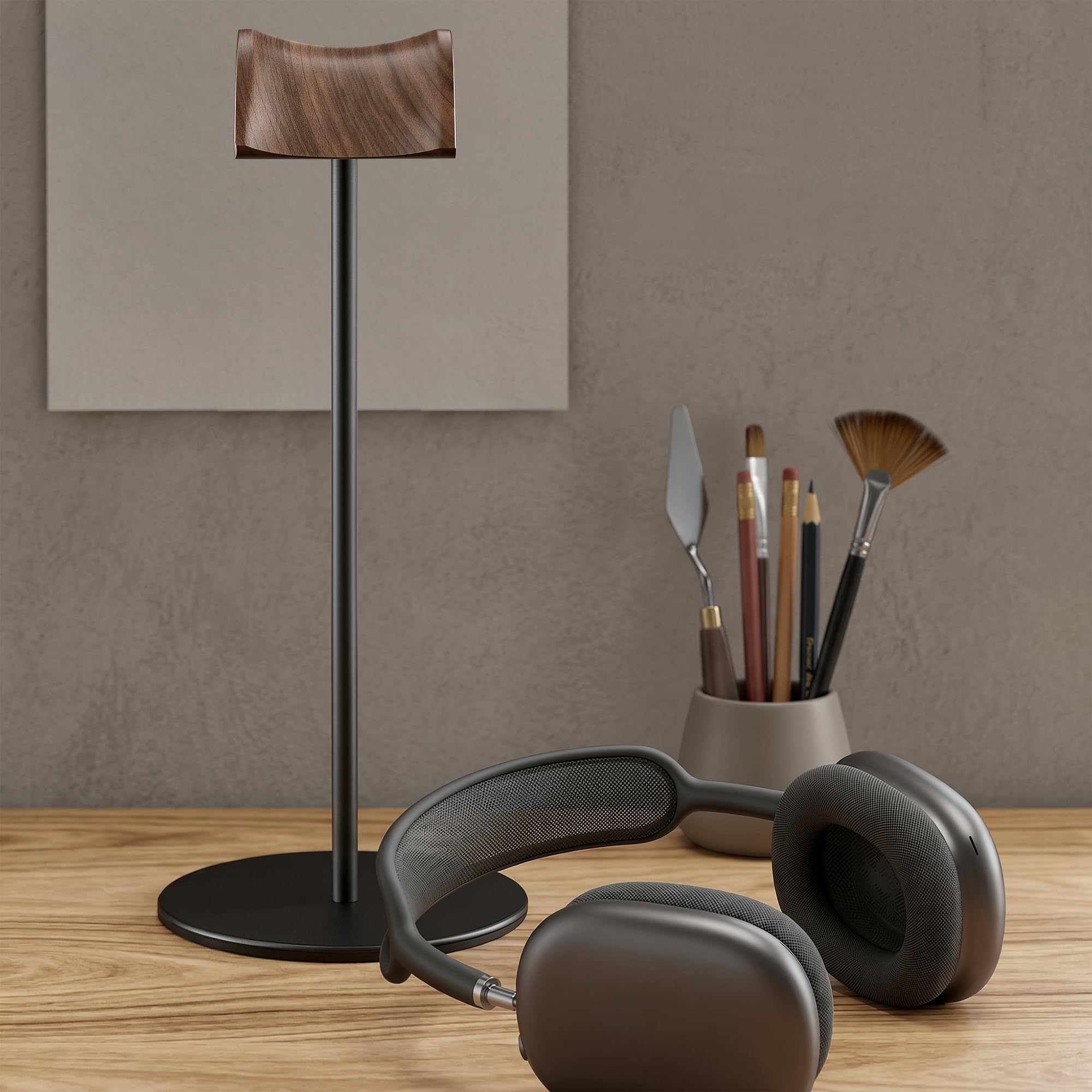 Support Casque, Support des Écouteurs en Noyer et Aluminium, Porte de Casque de Jeu avec Base Solide Lourde pour Toutes Les de Casques (Noir)