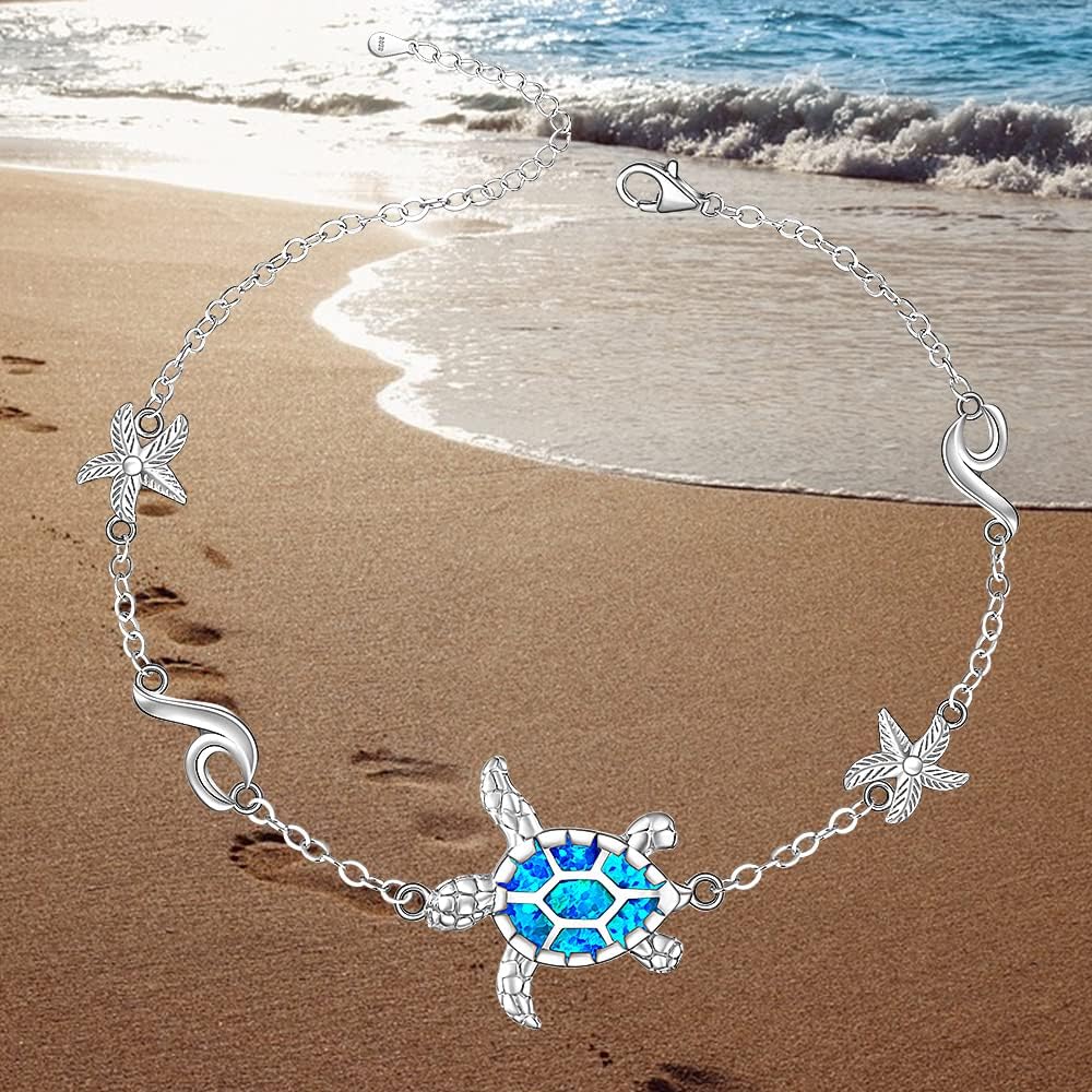 Turtle Anklet Blue Opal Sea Turtle Ankle Bracelets for Women Sterling Silver Cute Wave Starfish Ocean Anklets Jewelry Charms Holiday Summer Gifts - Image 9