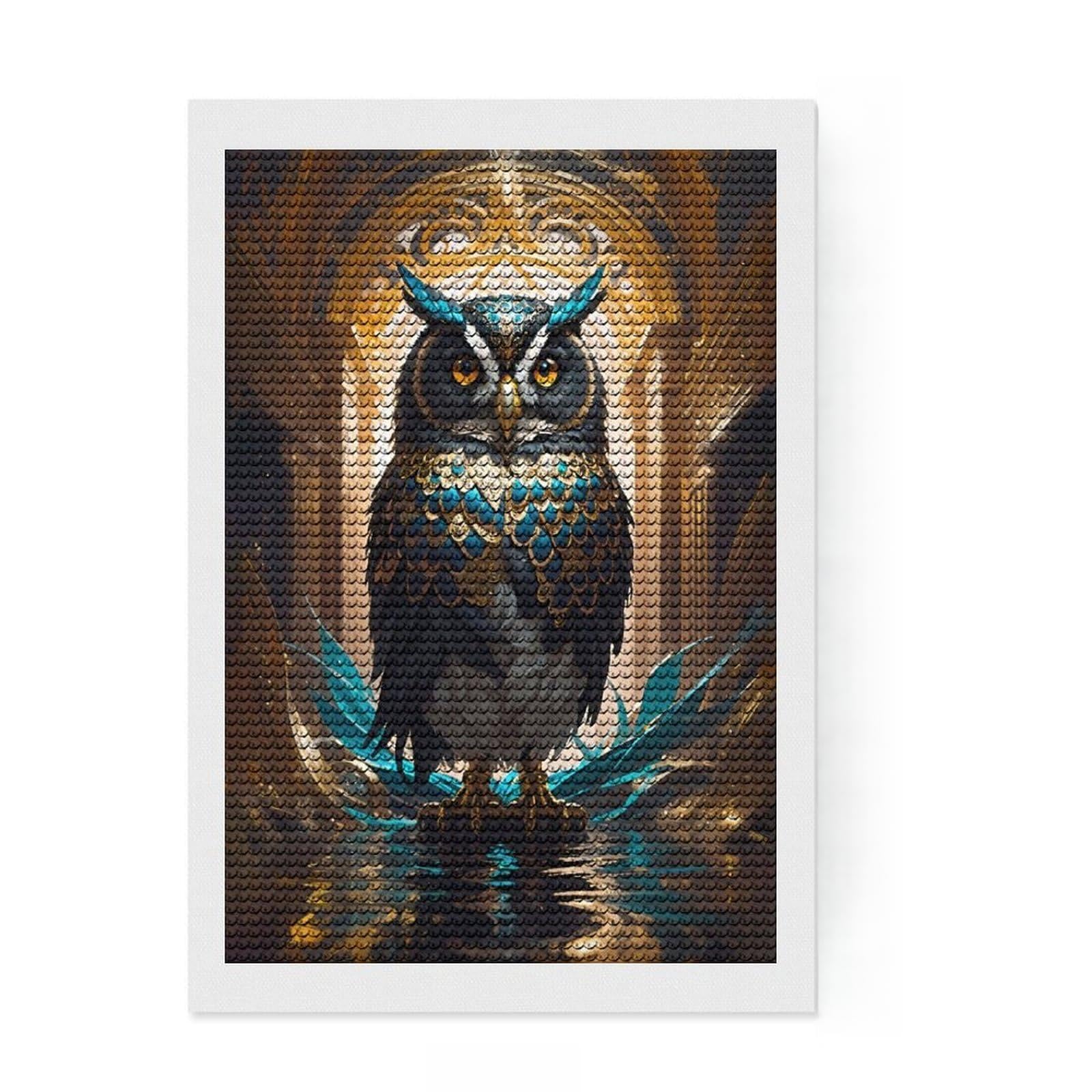 Junmoney Elegant Owl Round Drill Diamond Painting 8"x12", for Creative Relaxation, Full Kit Included, Boho Decor, Gift Idea