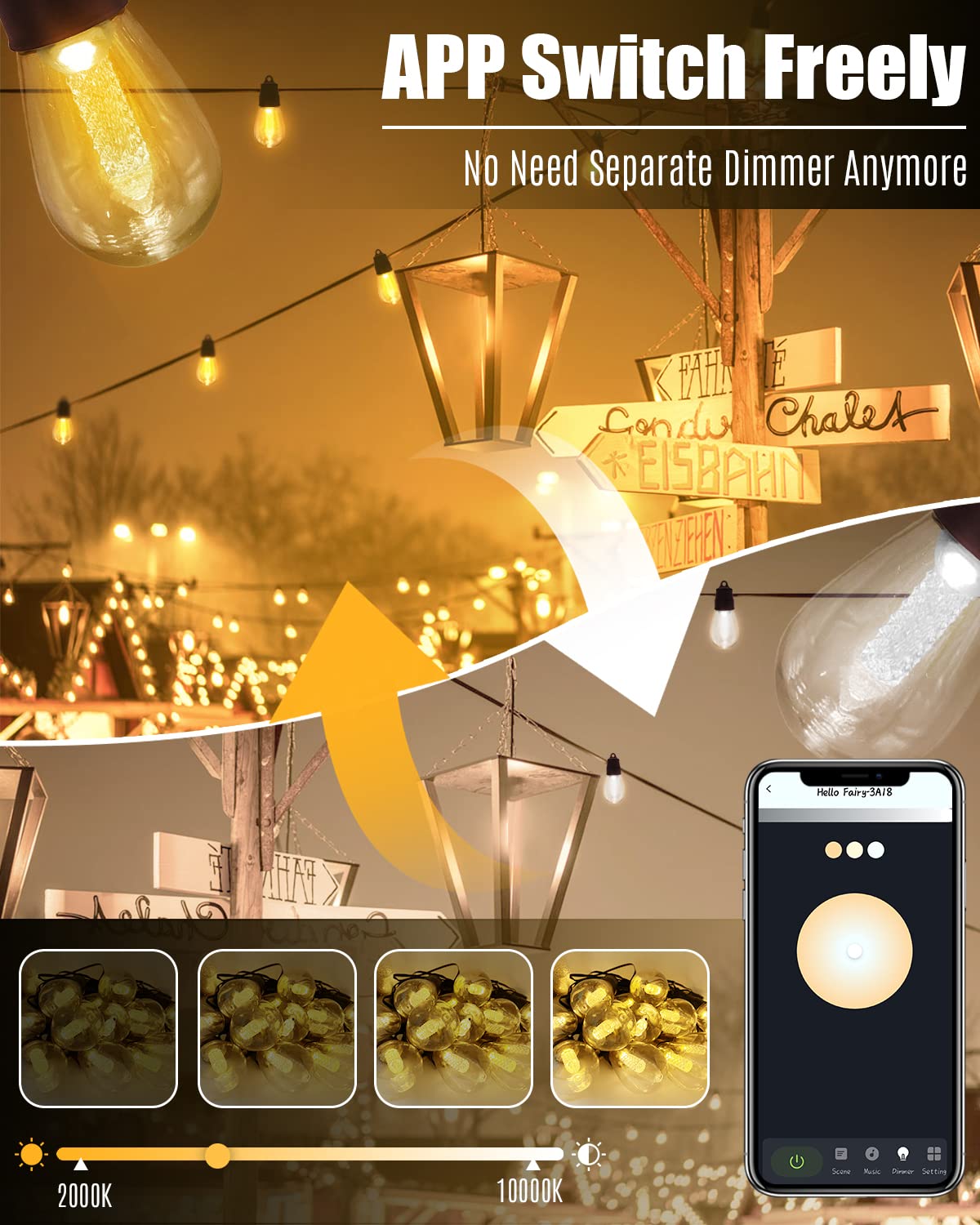 Solar String Lights App Remote Control, 50FT(45+5) Outdoor Lights Waterproof Warm/Cool White Dimmer Custom Display Patio Lights Timer Music Solar Powered/USB Charging Edison Light for Umbrella Balcony