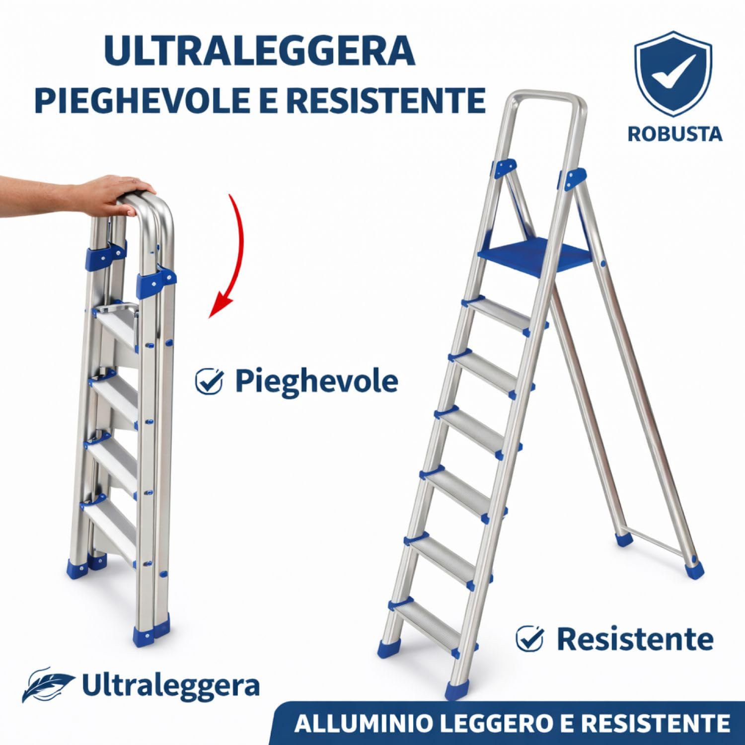 Leonardo Fai Da Te - scala pieghevole in alluminio 5+1 portata 150 kg EN 131 - scala antiscivolo in alluminio max - ideale per uso domestico e lavorativo
