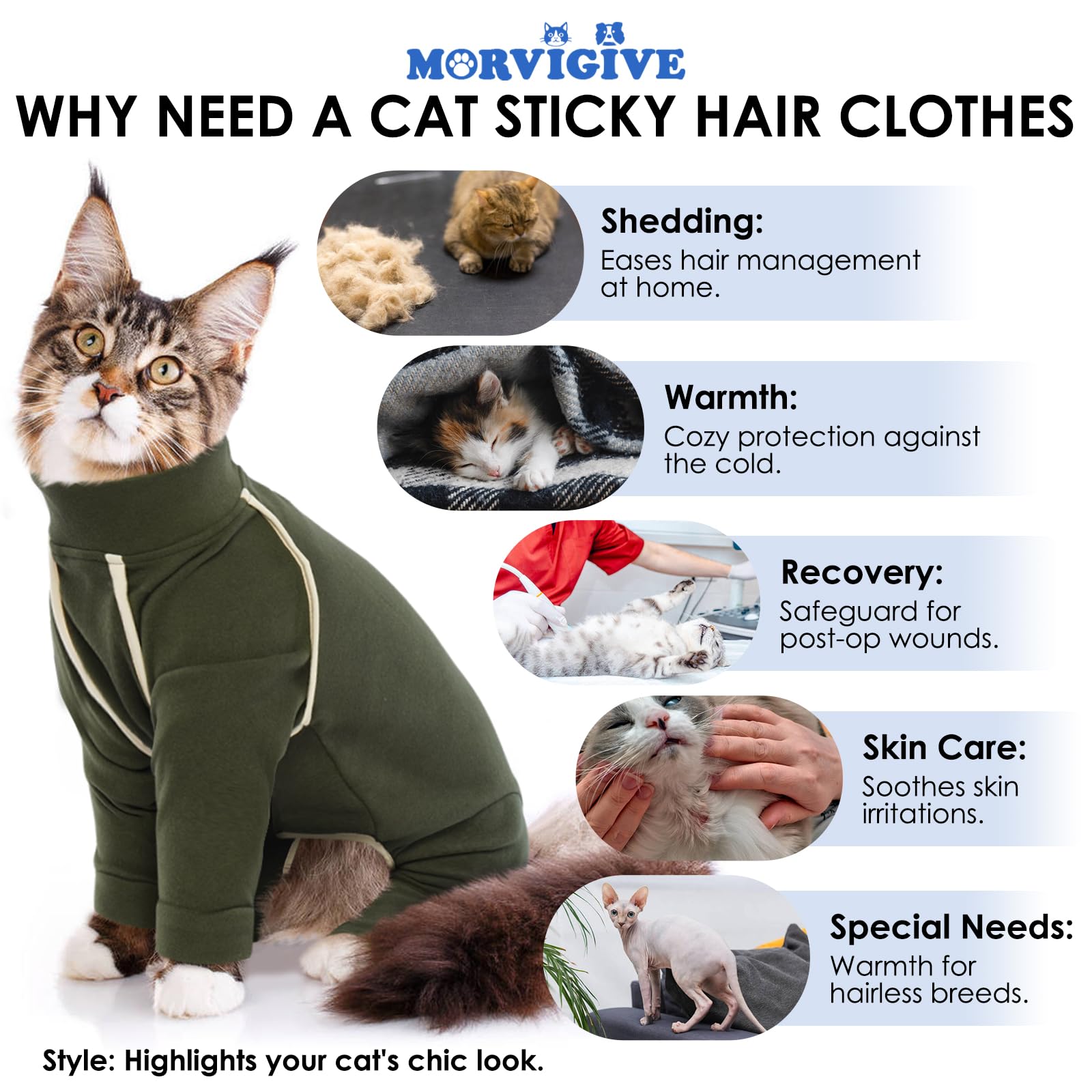 Cat Onesie with Legs - Army Green, XS - Cat Hair Sticky Onesie, Sphynx Cat Clothes, Cat Pajamas for Cats, Recovery Suit for Female Cats, Prevents Hair Loss Kitten Pajamas Costumes Outfits