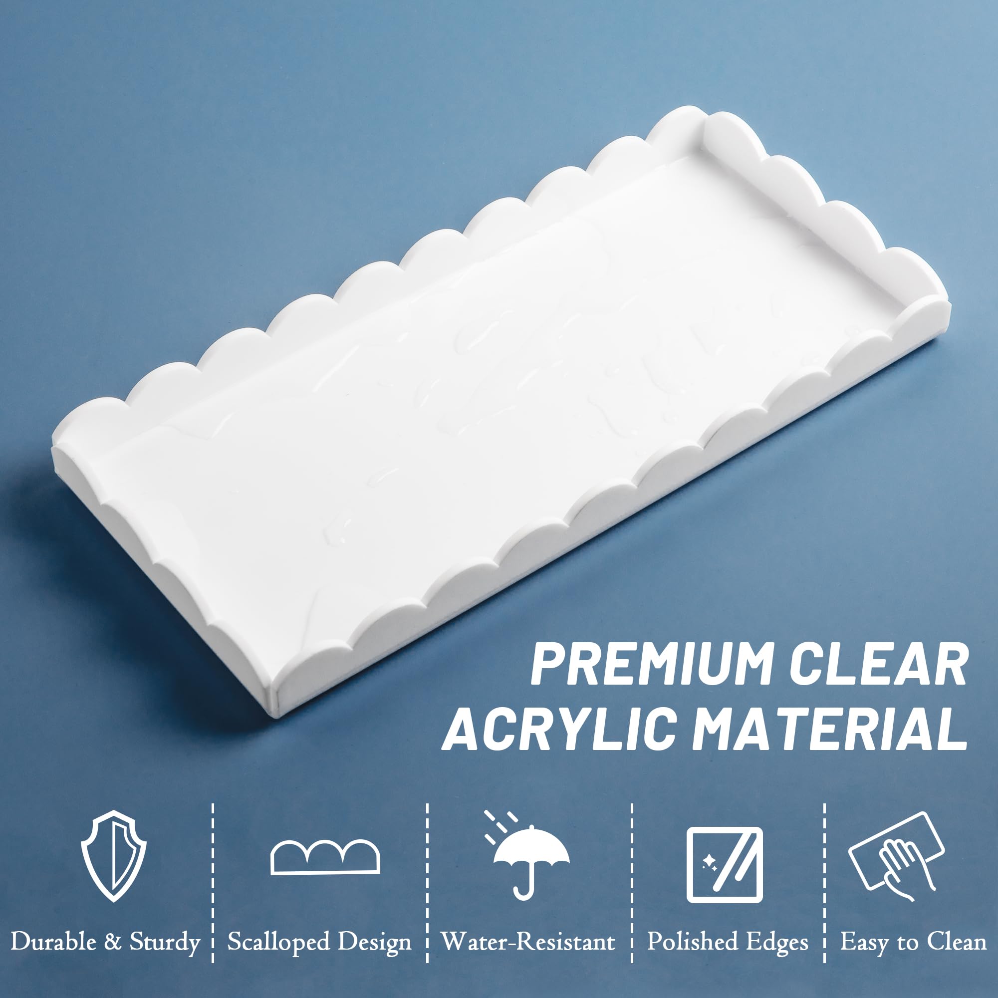 Paquete de 2 bandejas de acrílico blanco festoneado para tocador de baño para mostrador, bandejas acrílicas transparentes para organizar perfume, esponja, jabón, maquillaje, soporte de almacenamiento