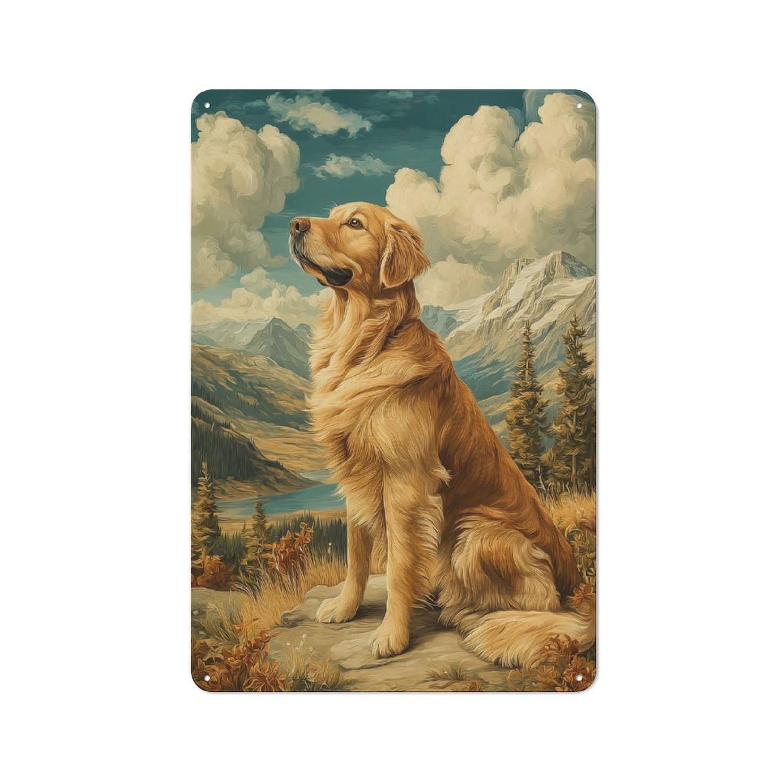 Junmoney Style-24 Golden Retriever In Mountain Landscape Vintage Metal Sign 30X20cm For Lounge Or Reading Corner, For A Room Refresh Centred On Metal Wall Decor