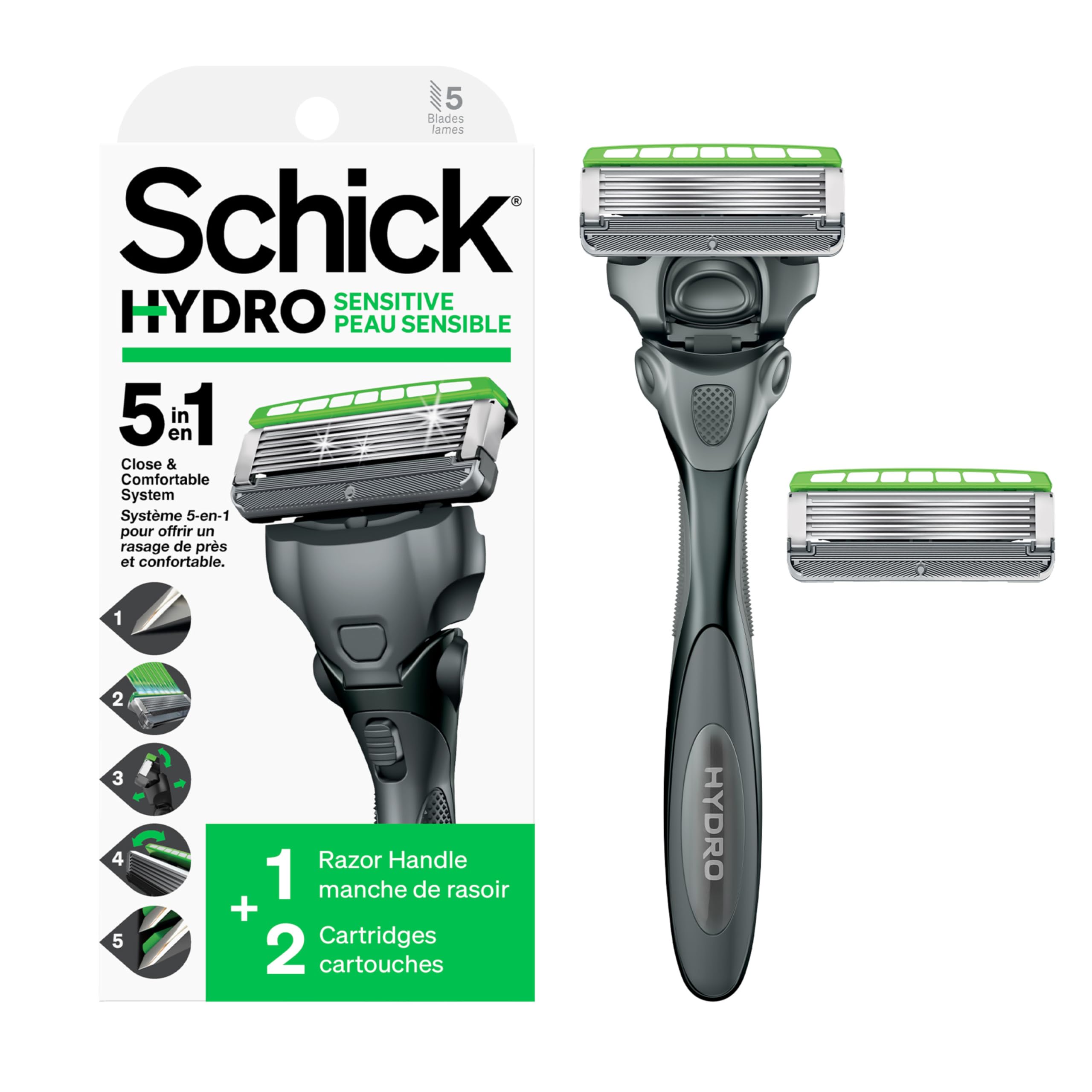 Schick Hydro 5 Sense Sensitive Skin Razor with Shock Absorb Technology for Men, 1 Handle with 2 Refills