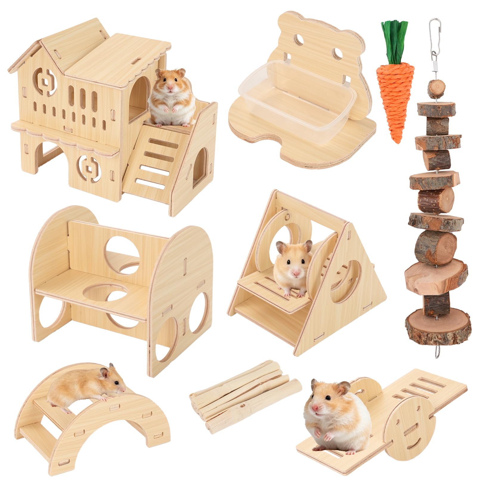 MAIJIAJU 9-Pcs Wooden Hamster Toy Set, Natural Pine Wood For Small Rodents