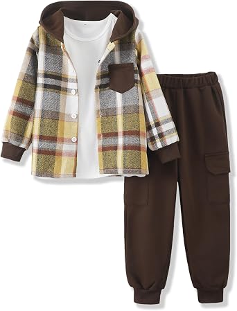 Boys Clothes Fall Winter Outfits, Toddler Boy Sweatsuit Plaid Hoodie Pants Clothing Set For Kids Boys Size 5-12 Years