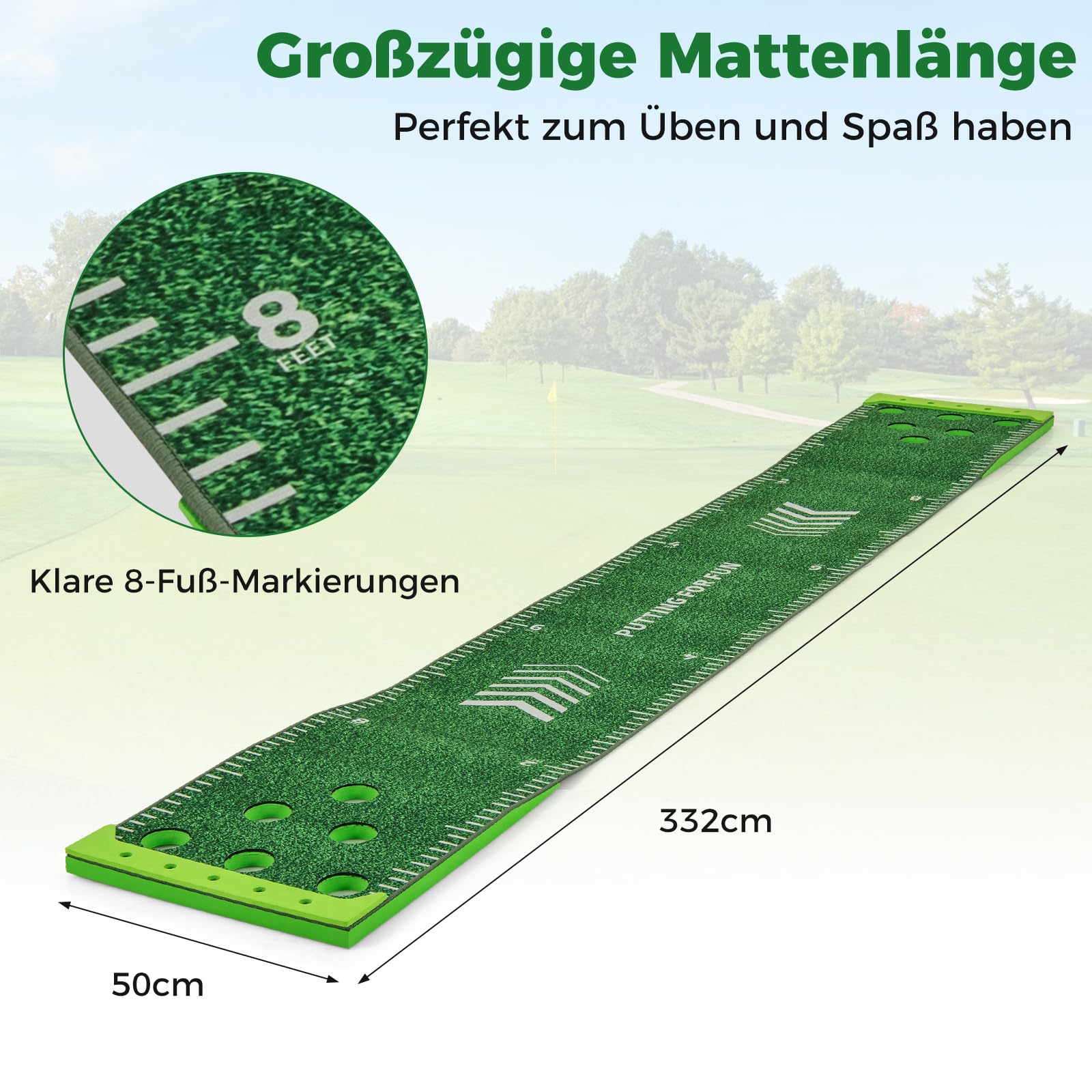 GYMAX Golf Puttingmatte, tragbare Golfmatte mit 2 Verstellbaren Schlägern, 6 Bällen & Tragetasche, Golf Abschlagmatte für Büro, Zuhause, Garten