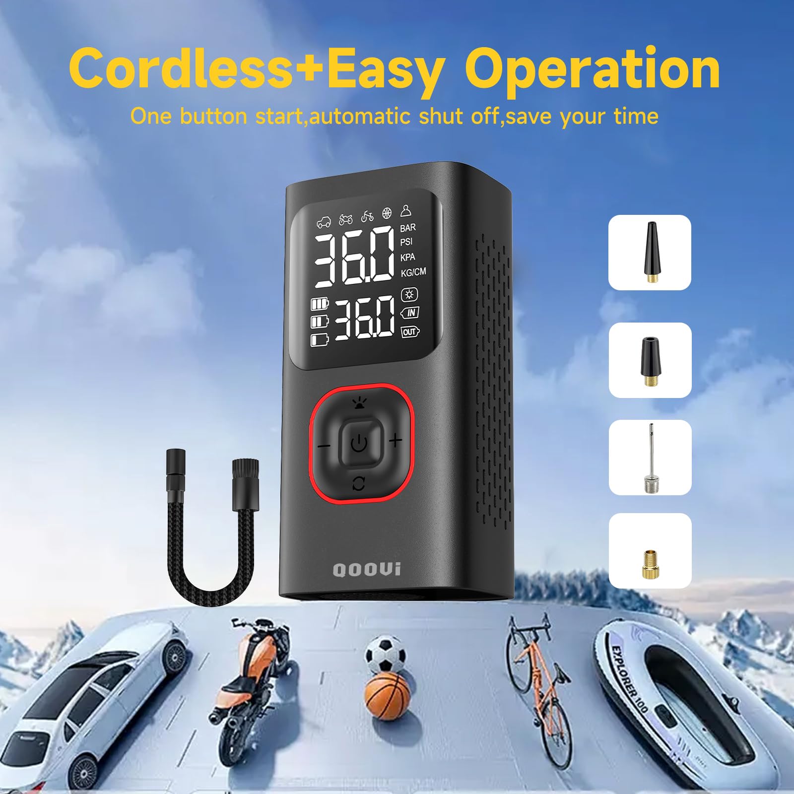 Compressore d'aria portatile, 150 psi, pompa ad aria intelligente per auto, moto, palloncini, manometro digitale, luce LED e porta USB per telefono/tablet, nero