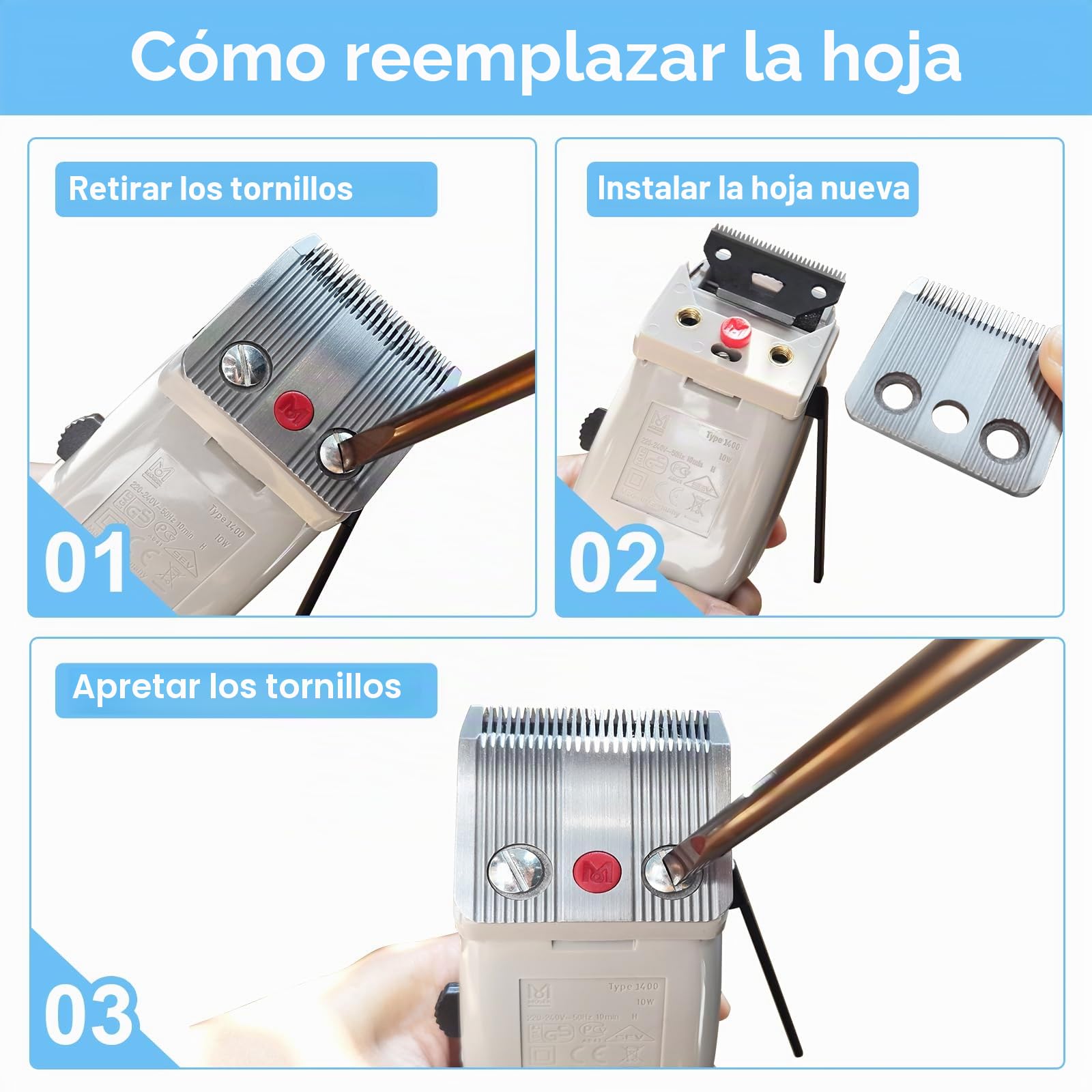 Star Blade,Cuchilla de repuesto compatible con la recortadora Moser 1400, de acero inoxidable, 0,7-3 mm, paquete de 2