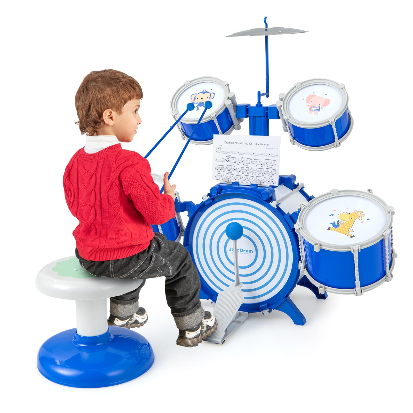 Maxmass Kids Drum Kit, Toddler Jazz Drum Set with Bass Drum, 2 Middle Drums, 2 Snare Drums, 2 Drumsticks, Foot Pedal, Foot Pedal & Stool, Children Musical Instrument Percussion Drum Toy for Boys Girls