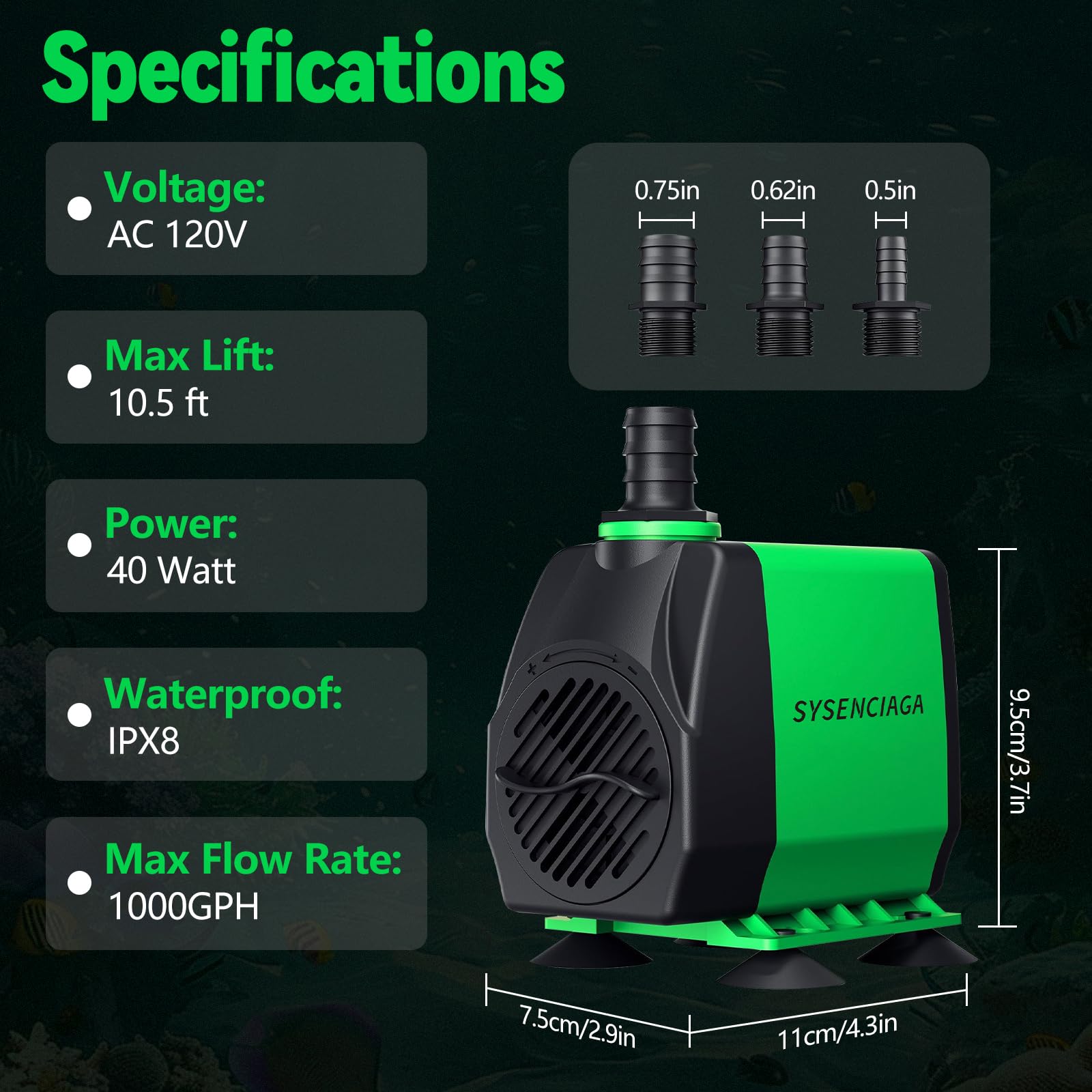 Tauchwasserpumpe für Brunnen, 40 W, verstellbare Ultra-leise, Aquariumpumpe 1000 GPH, kleine Teichpumpe mit 3 Düsen, 3 Fuß Hebung für kleinen Teich