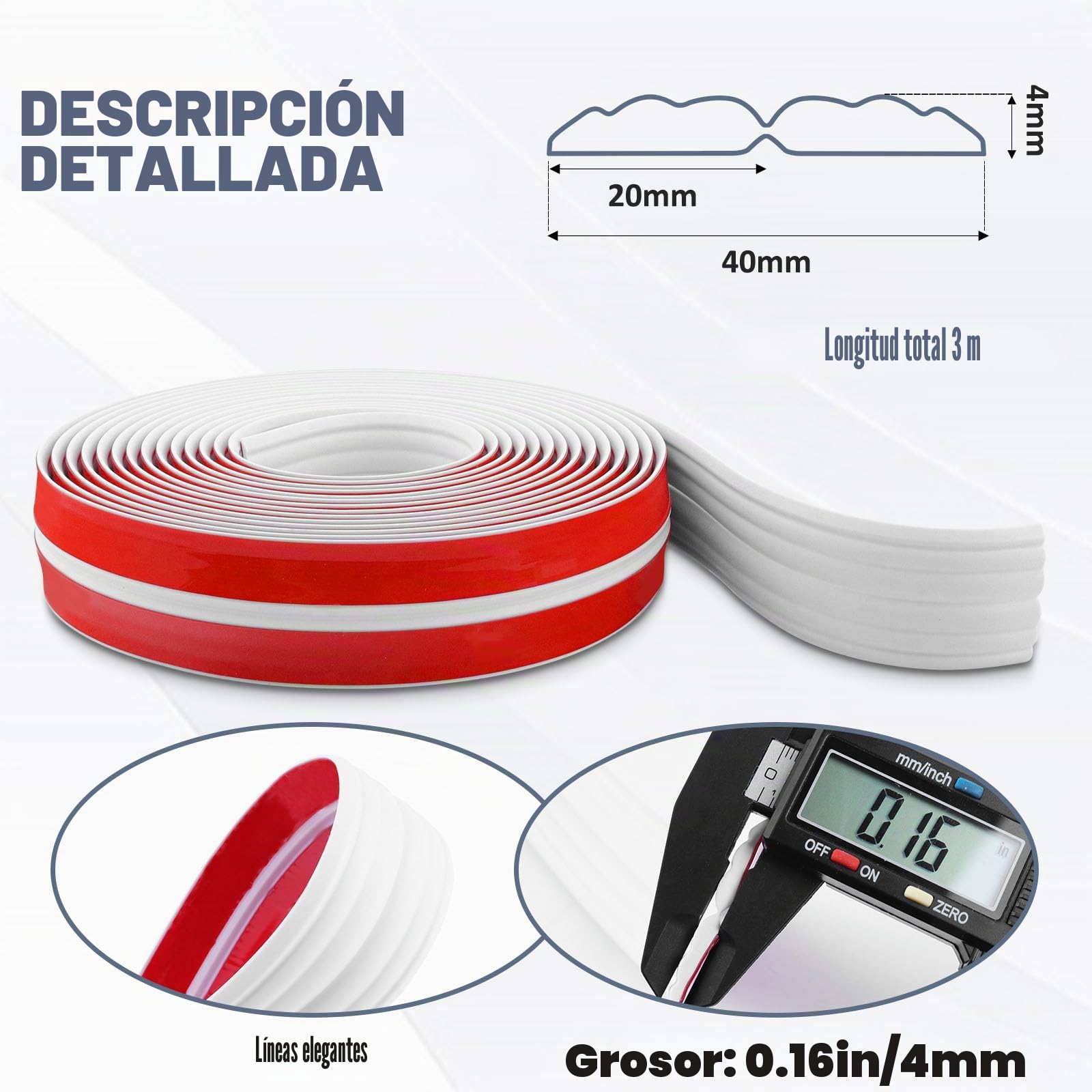 Molduras de pared autoadhesivas molduras decorativas protector esquinas pared rodapie PVC protección de esquinas y bordes (40mm×3m, Blanco)