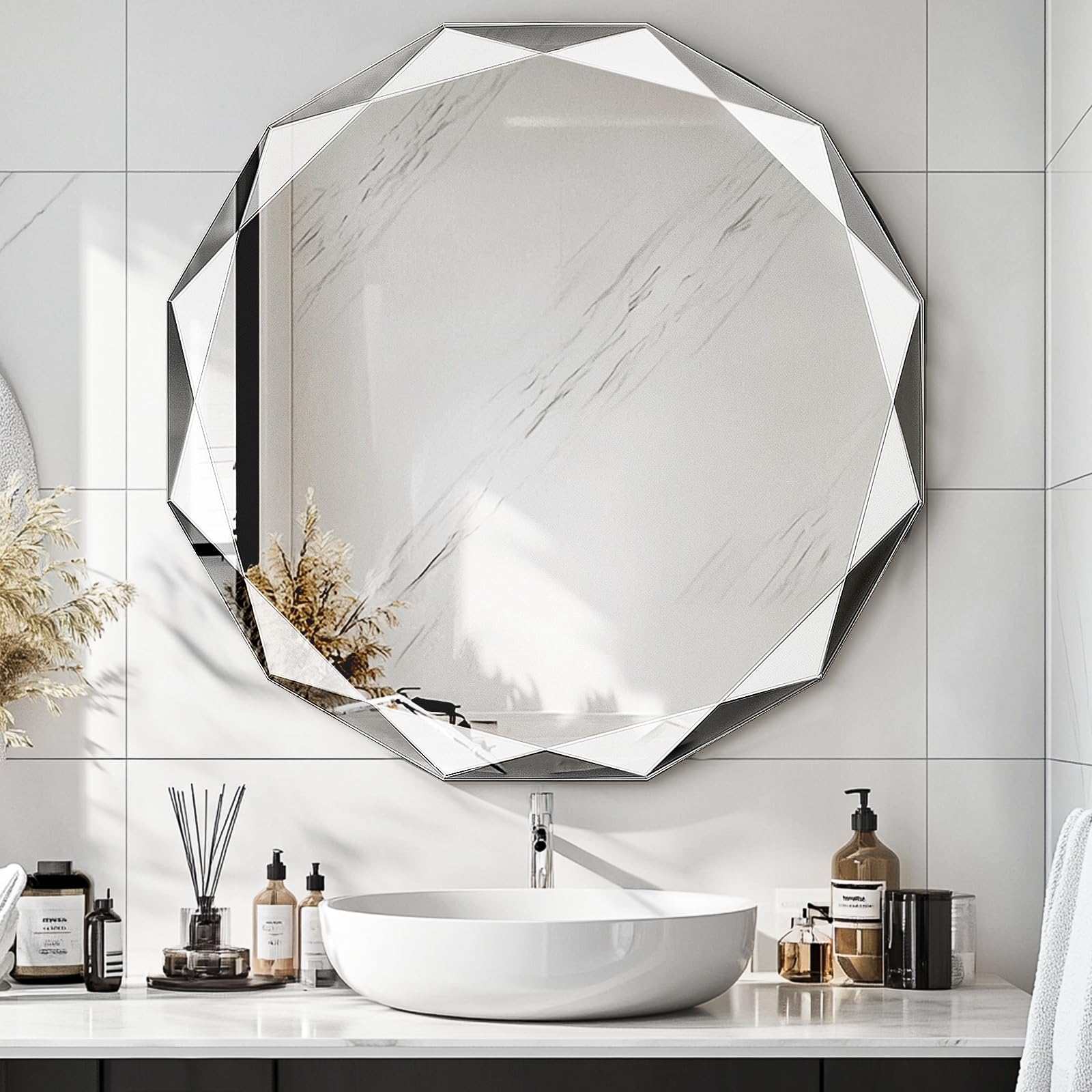 Wall Mounted Bathroom Vanity Mirror,24"x24"Single Beveled Edge Frameless Rounded Mirror,Large Bathroom Mirror for Over Sink Wall,Living Room,Entryway,Cloakroom