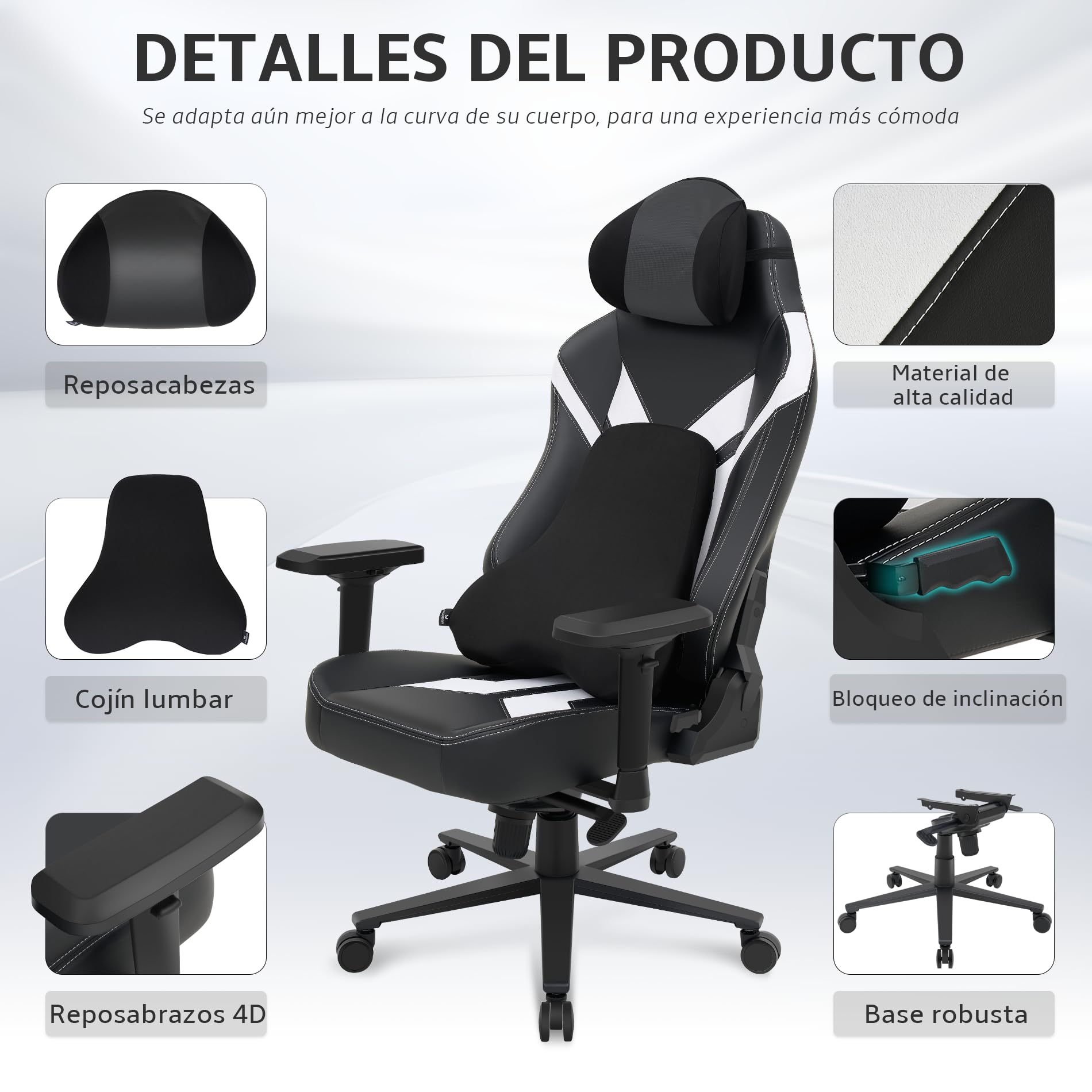 Silla Gaming ergonómica, Silla Escritorio Gaming Carga 200kg | Sillon Gamer con Reposacabezas, Cojín Lumbar, Reposabrazos 4D, Mecanismo basculante, Base Reforzada，PU Negro y Ante Blanco