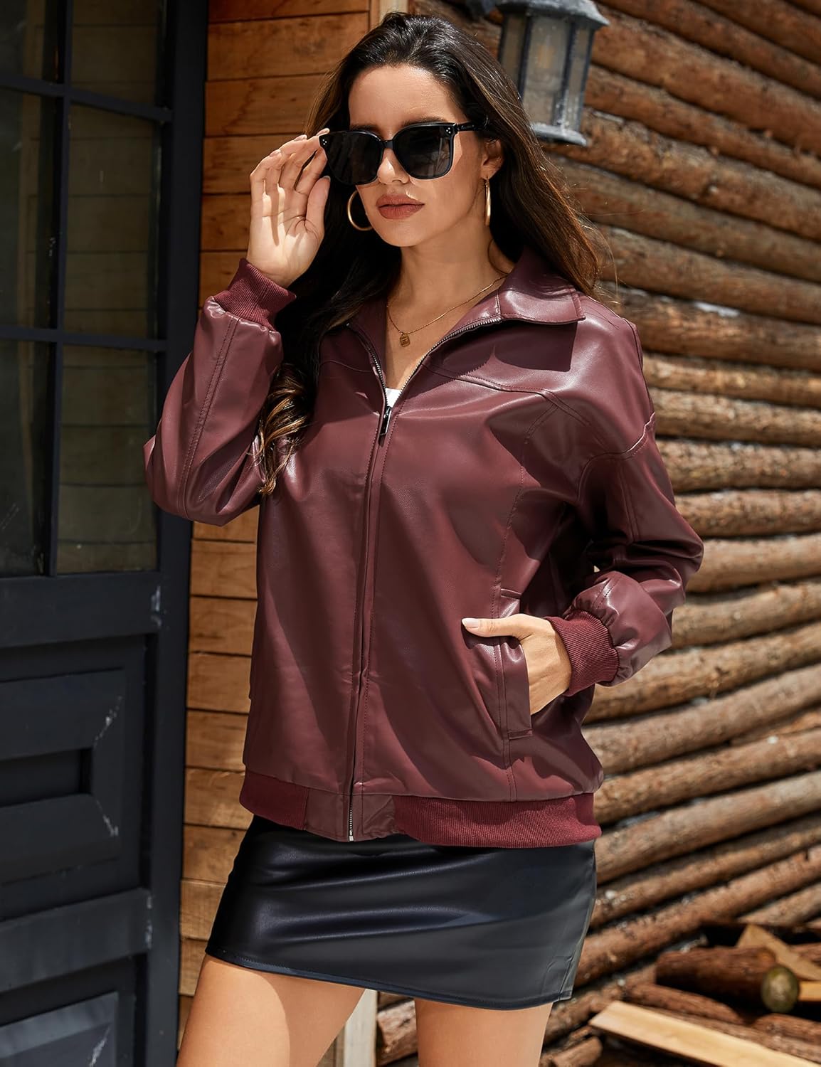 ZEXIGLAD Women's Leather Jacket Oversized Faux Leather Bomber Jacket Fall Fashion 2025 Trendy Moto Winter Coat with Pocket - Image 4