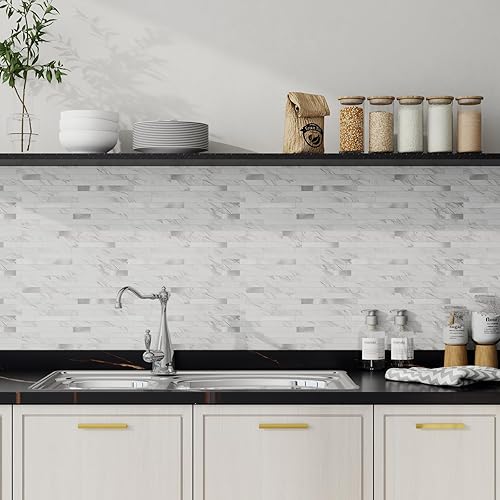 Miniatura 5 de V-MOZZA Pelar y pegar, 10 hojas de azulejos de PVC para despegar y pegar, azulejos de pared para azulejos de salpicaduras para cocina y baño