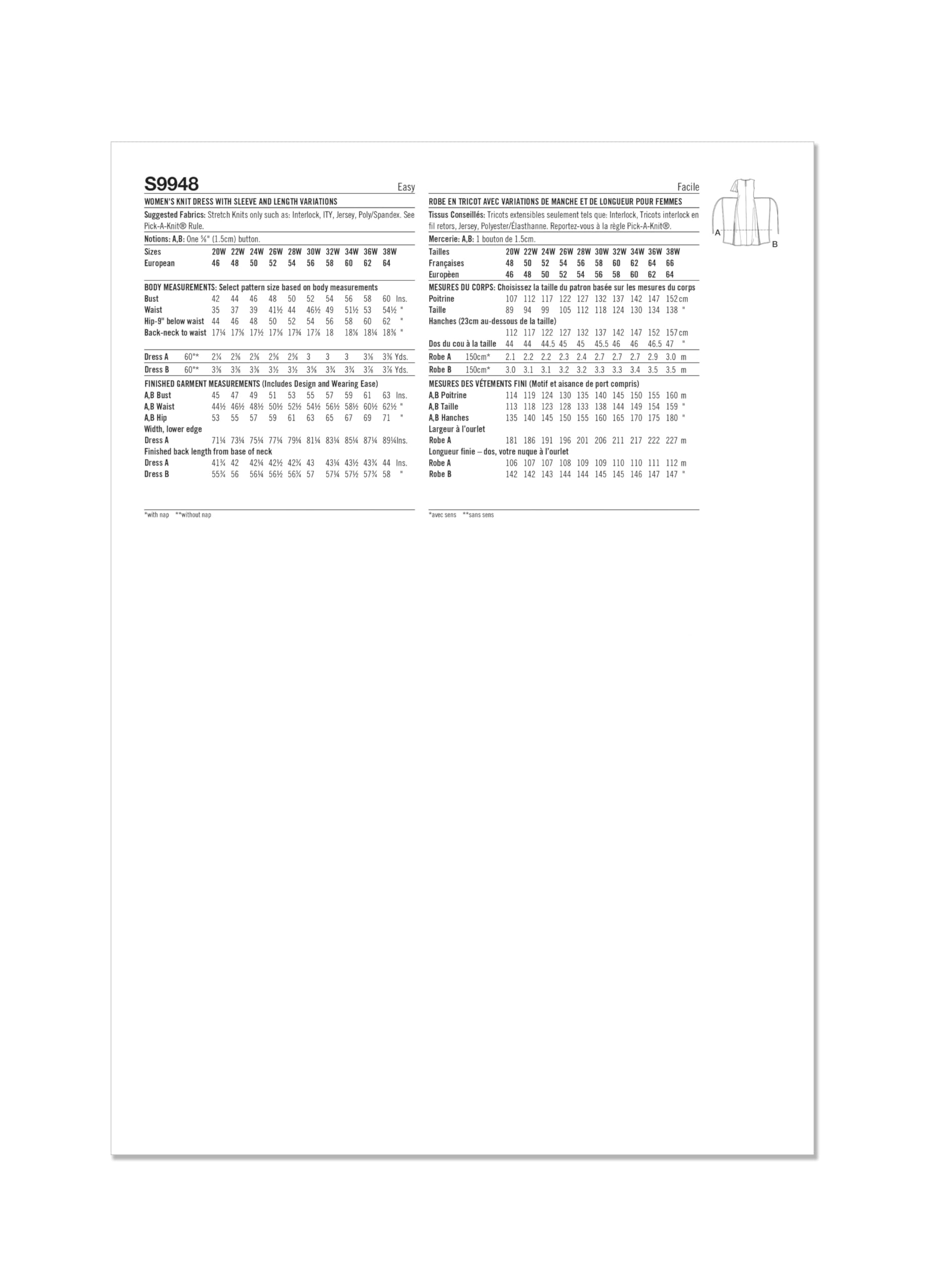 SIMPLICITY Sewing Pattern SS9948W2 Women's Knit Dress with Sleeve and Length Variations W2 (20W-22W-24W-26W-28W)