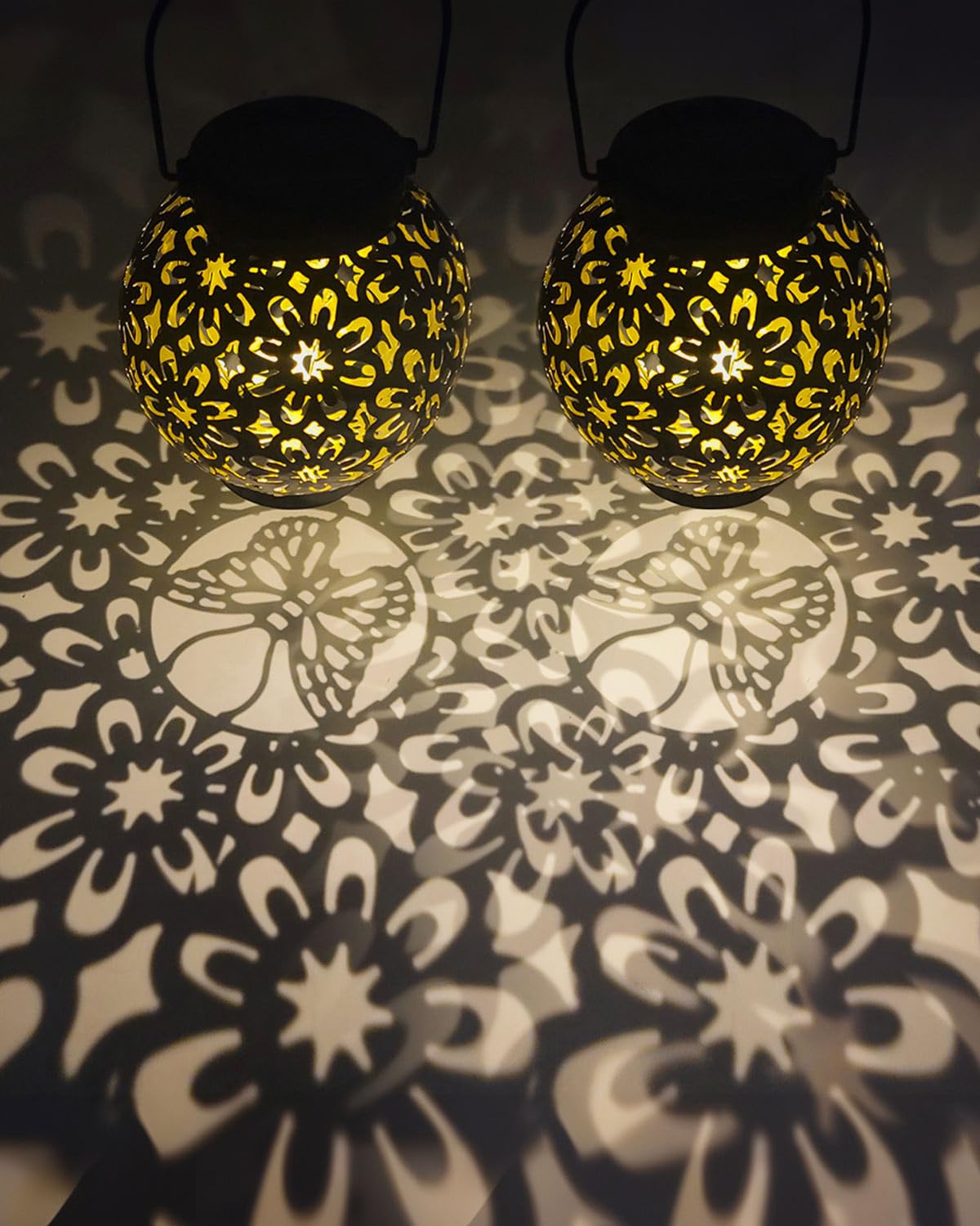 Solar Lanterns Light, 2Pack Outdoor Solar Lanterns with IP44 Water Resistant, Auto On Off Metal Yard Art Garden Lights for Lawn (Dark Black)