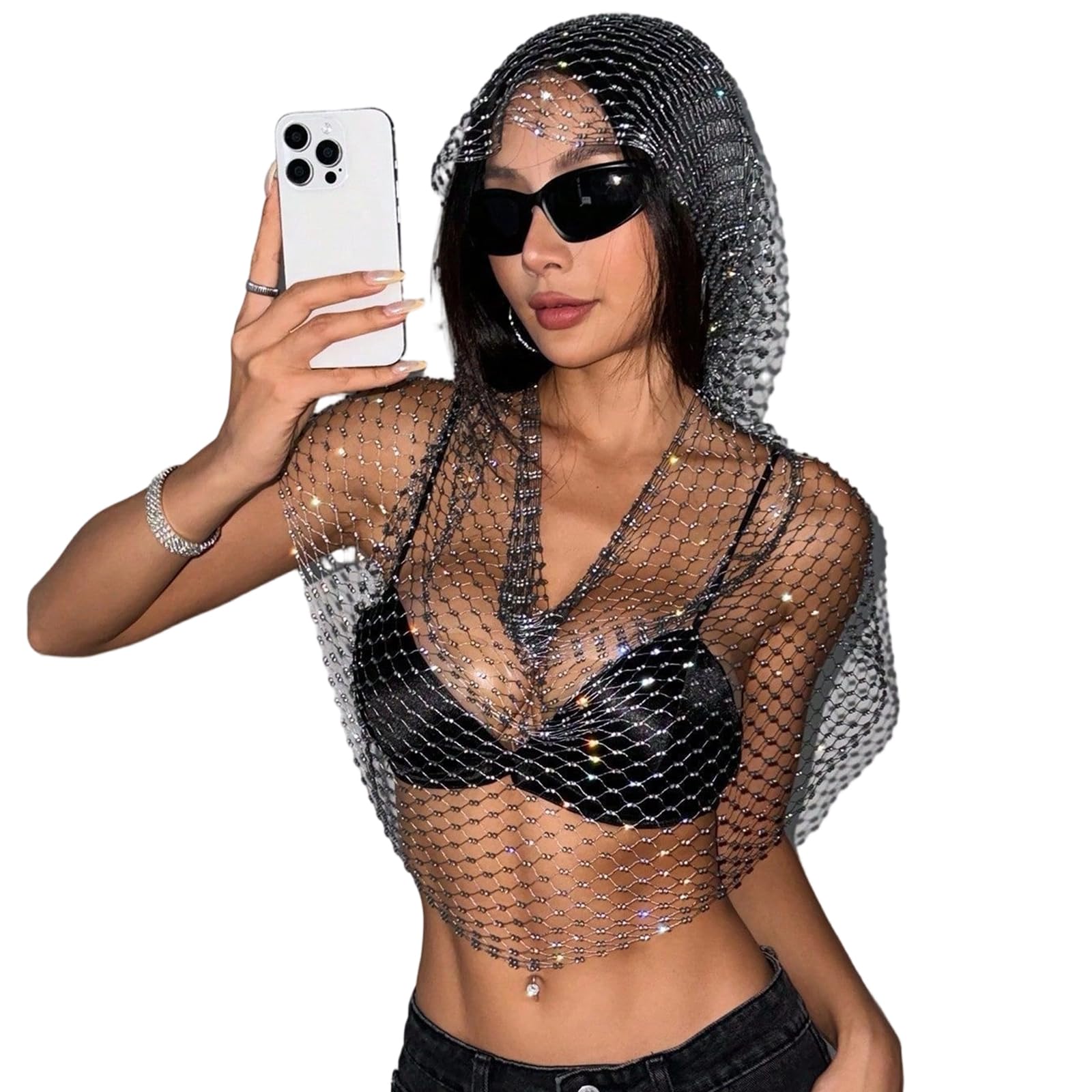 MICFENY Shimmering Hoodie with Rhinestones Decors Fishnets Hooded Cap Hollowed Tanks For Concerts And Daily Night Club Wear