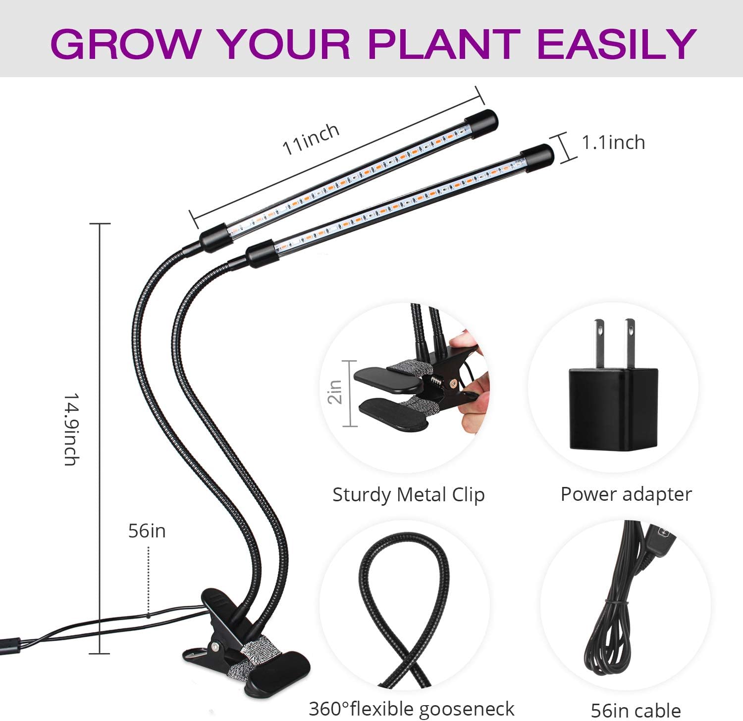 Sondiko Grow Light, Auto On&Off Every Day Full Spectrum Grow Lamp with 3/9/12H Timer, Adjustable Gooseneck 10 Dimmable Levels&3 Switch Modes for Indoor Plants, Black