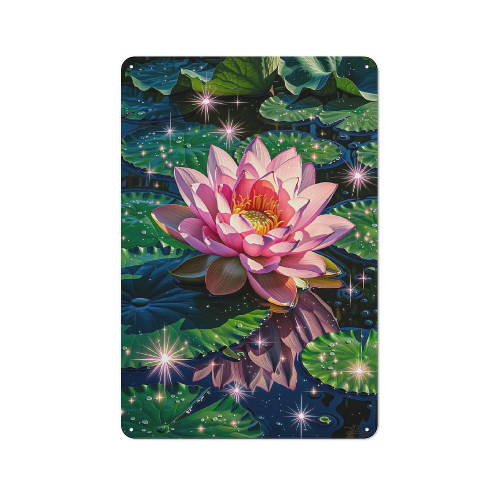 Junmoney Style-18 Rustic Pink Lotus Flower On Water Tin Wall Plaque 30X20cm, Rustic Kitchen Decor For Cottage, Kitchen, Hallway Or Breakfast Nook