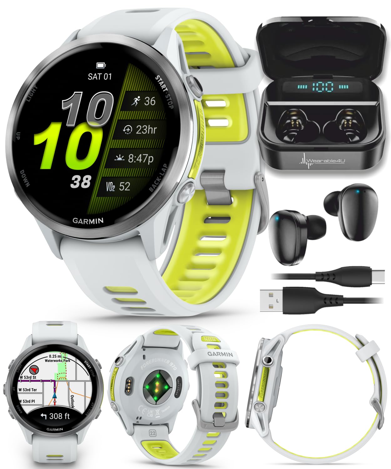 Wearable4U Garmin Forerunner 970 Titanium Smartwatch with Whitestone Case and Whitestone/Translucent Amp Yellow Band, AMOLED Display Black Earbuds Bundle