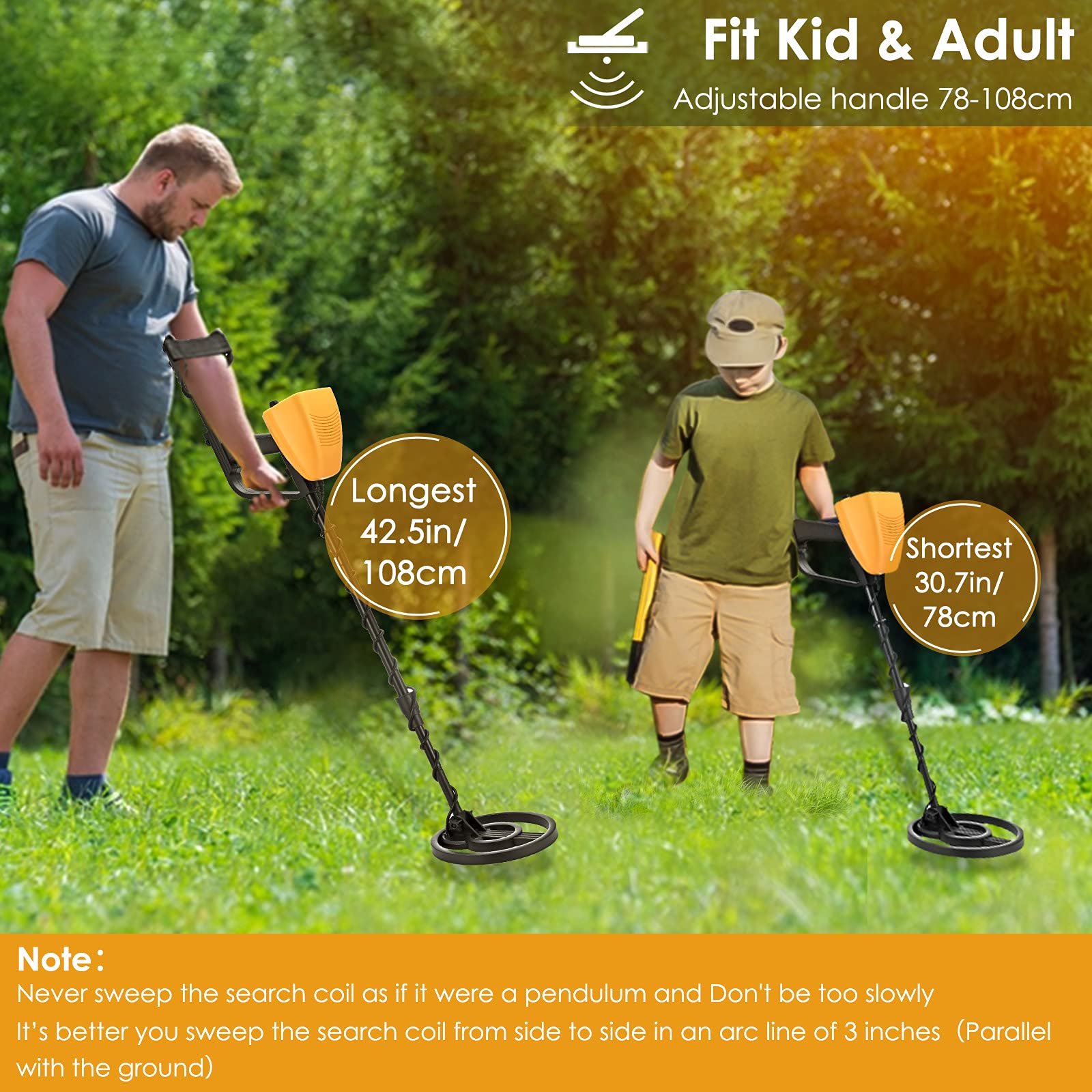 Détecteurs de Métaux Haute Précision Hauteur Réglable 78-108cm, Professionnel Détecteurs de Métaux Bobine de Recherche Étanche de 25 cm avec pour Enfants et Adultes