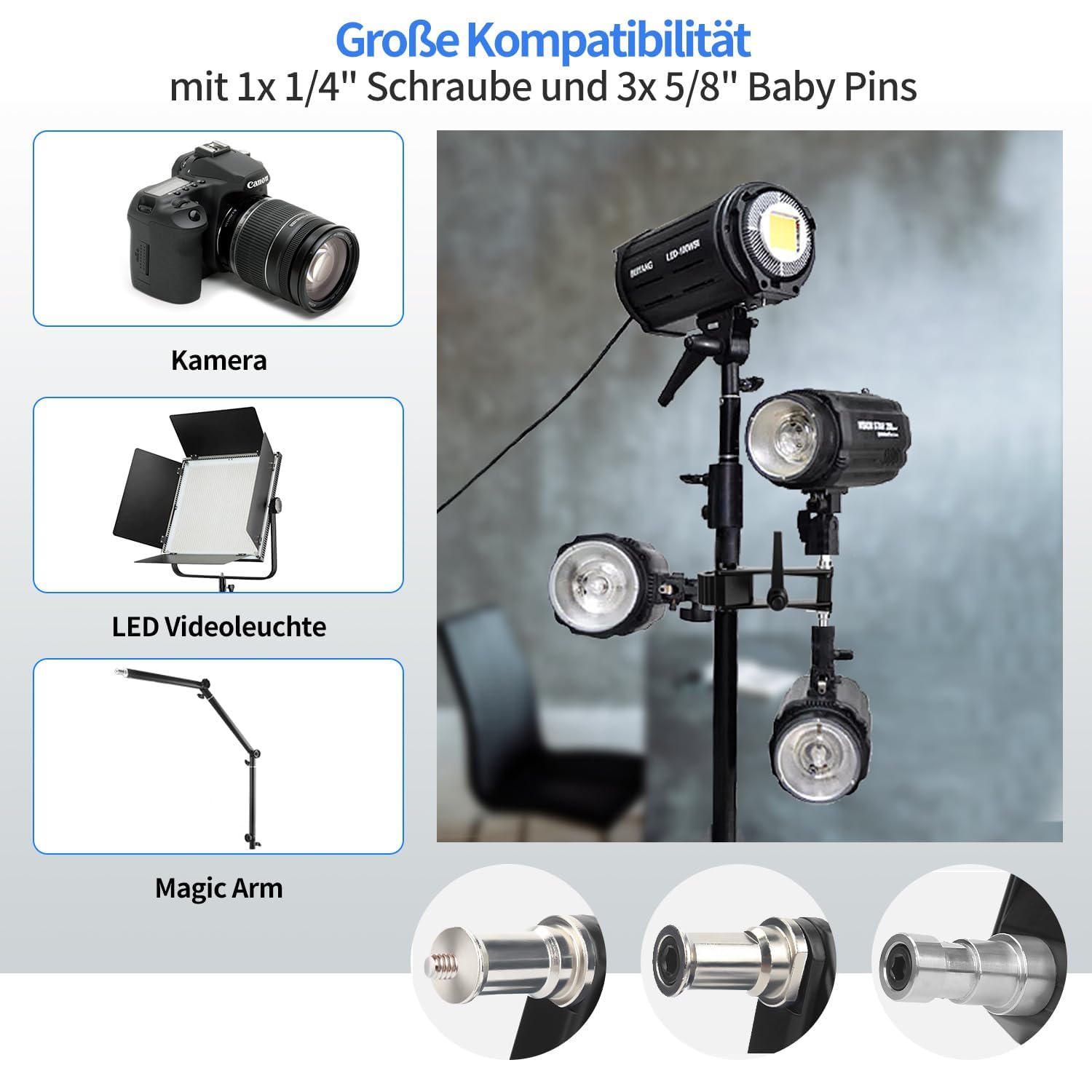Súper Abrazadera, Abrazadera Universal con 5/8« Baby Pins y 1/4» Rosca para Cámara DSLR