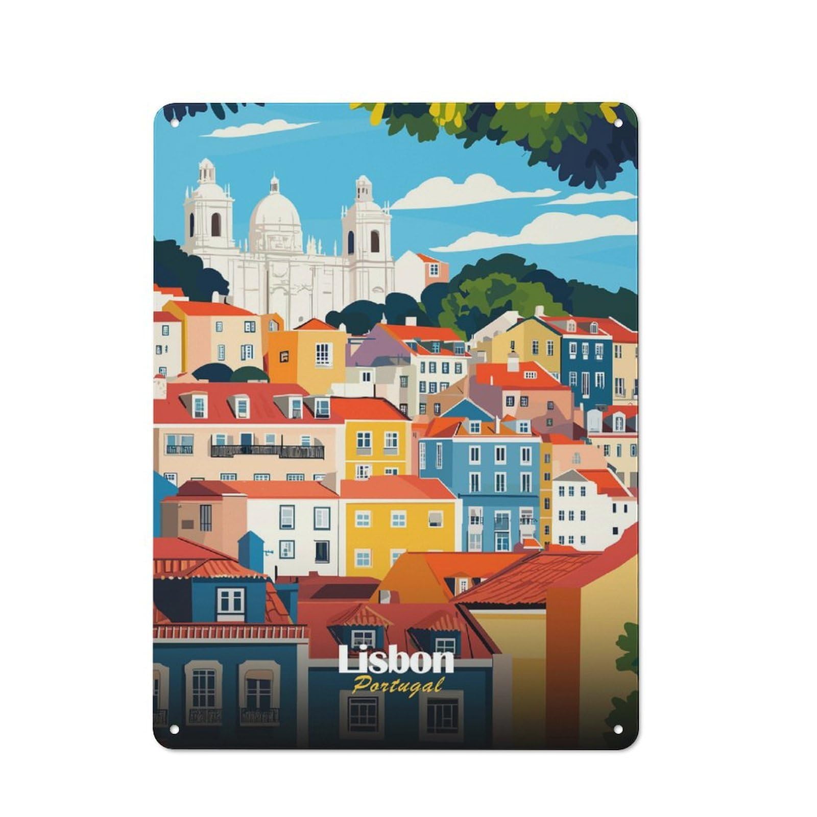 Junmoney Style-2 40X30cm Retro Metal Sign With Lisbon Cityscape Illustration For Living Room Or Hallway, For Living Room Decor Lovers Refreshing A Room In Autumn
