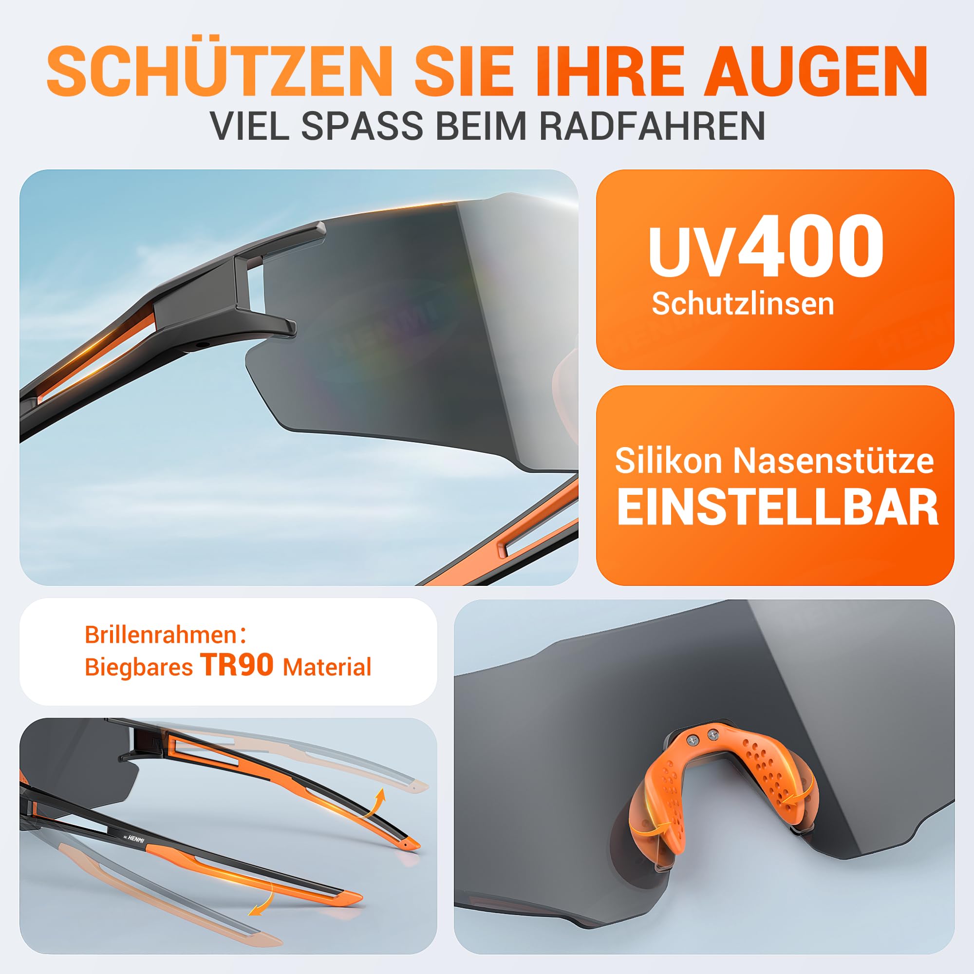 HENMI Sportbrille für Herren Damen – UV400 Schutz Sonnenbrille mit TR90 Rahmen, verstellbarem Nasenpad & Bügel – 2 Varianten: selbsttönend & polarisiert – Ideal für Radsport, Laufen & Outdoor