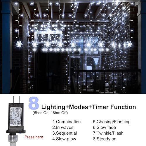 Miniatura 4 de Luces LED de cortina  Luces LED de copo de nieve con control remoto, funciona con pilas, 24 copos de nieve, 120 luces LED, cortina de ventana con 8