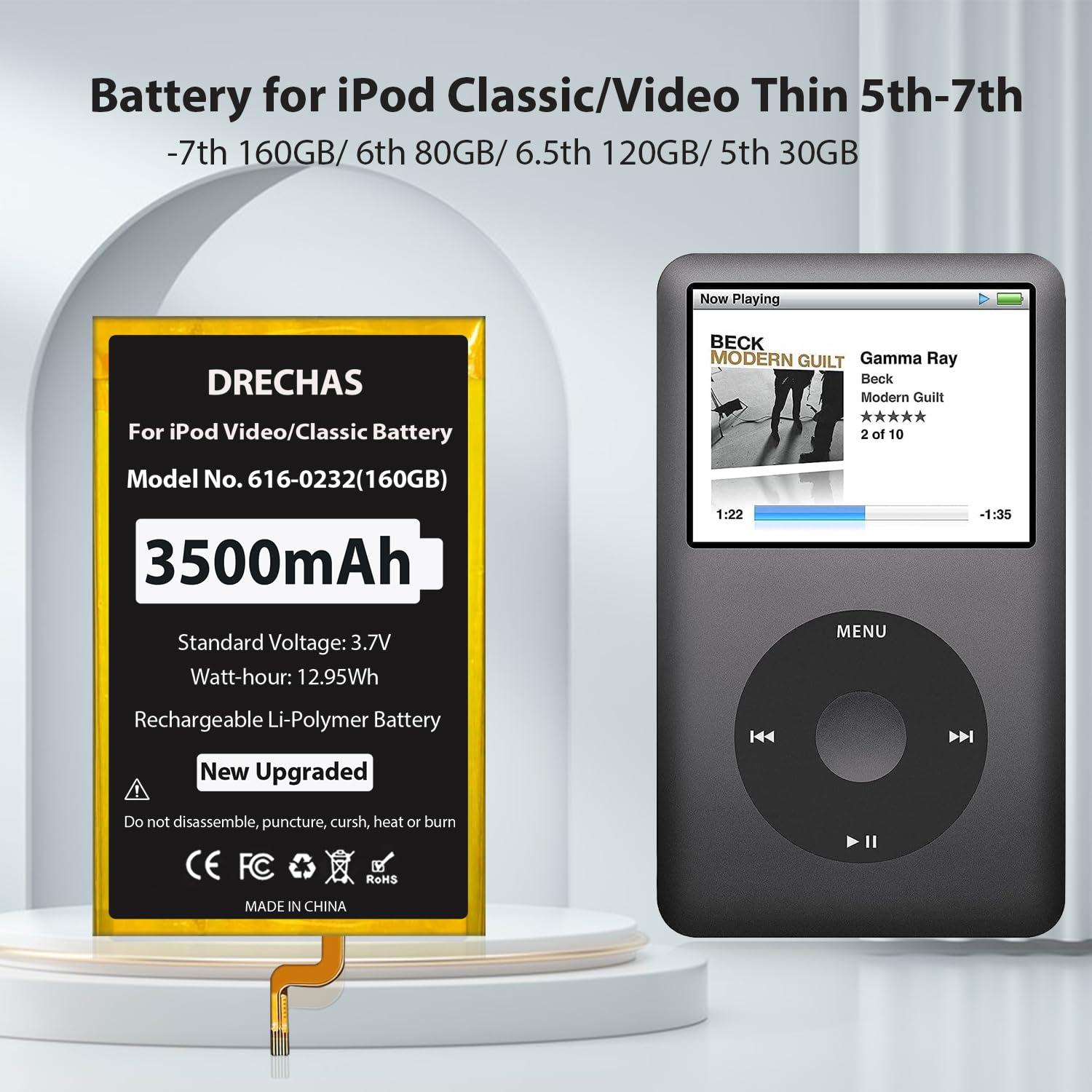DRECHAS [3500mAh] Battery for iPod Classic/Video Thin, 2025 New Upgraded Capacity Replacement Battery for iPod 5th - 7th Generation Video Classic Thin 160GB with Repair Tool Kit