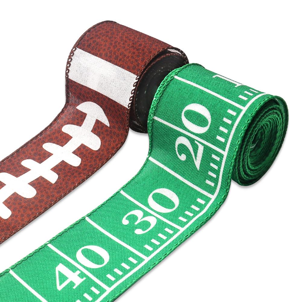 Estivaux 2 Rolls Football Ribbons for Crafting, Football Wired Edge Ribbon Green Brown Burlap Ribbon Bow Sports Rolls Ball Wired Ribbons for Gift Wrapping Sports Ball Game Sewing DIY Crafts Supplies