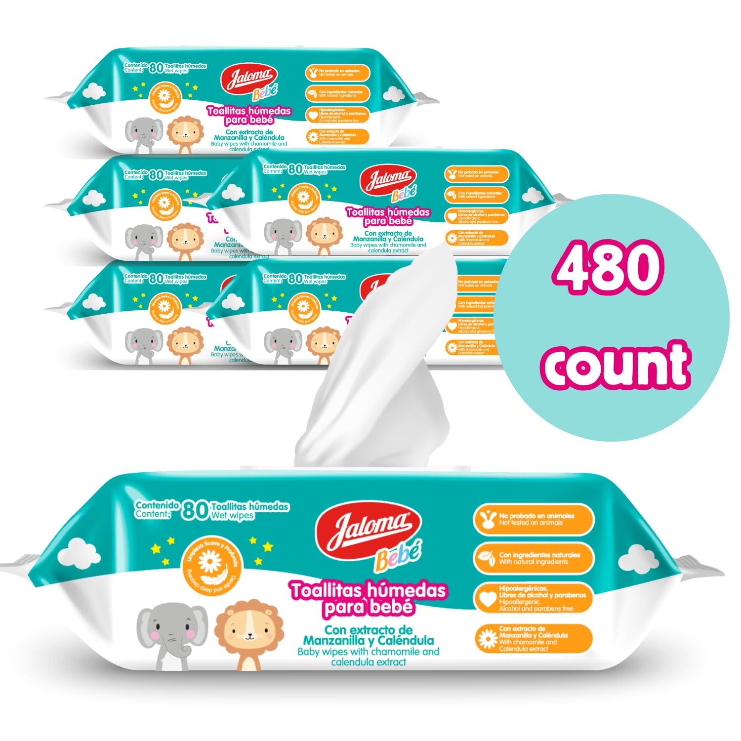 JALOMA Baby Wipes with Chamomile and Calendula Extract, Hypoallergenic and Paraben Free, 6-Pack, 80 Ct Each - 3