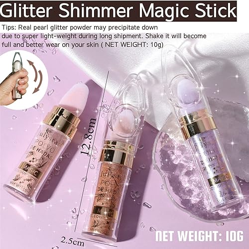 Miniatura 5 de Polvo de Hadas con perlas mejoradas, resaltador de polvo de palmaditas con brillo corporal brillante natural 3D en polvo facial en barra de hadas,