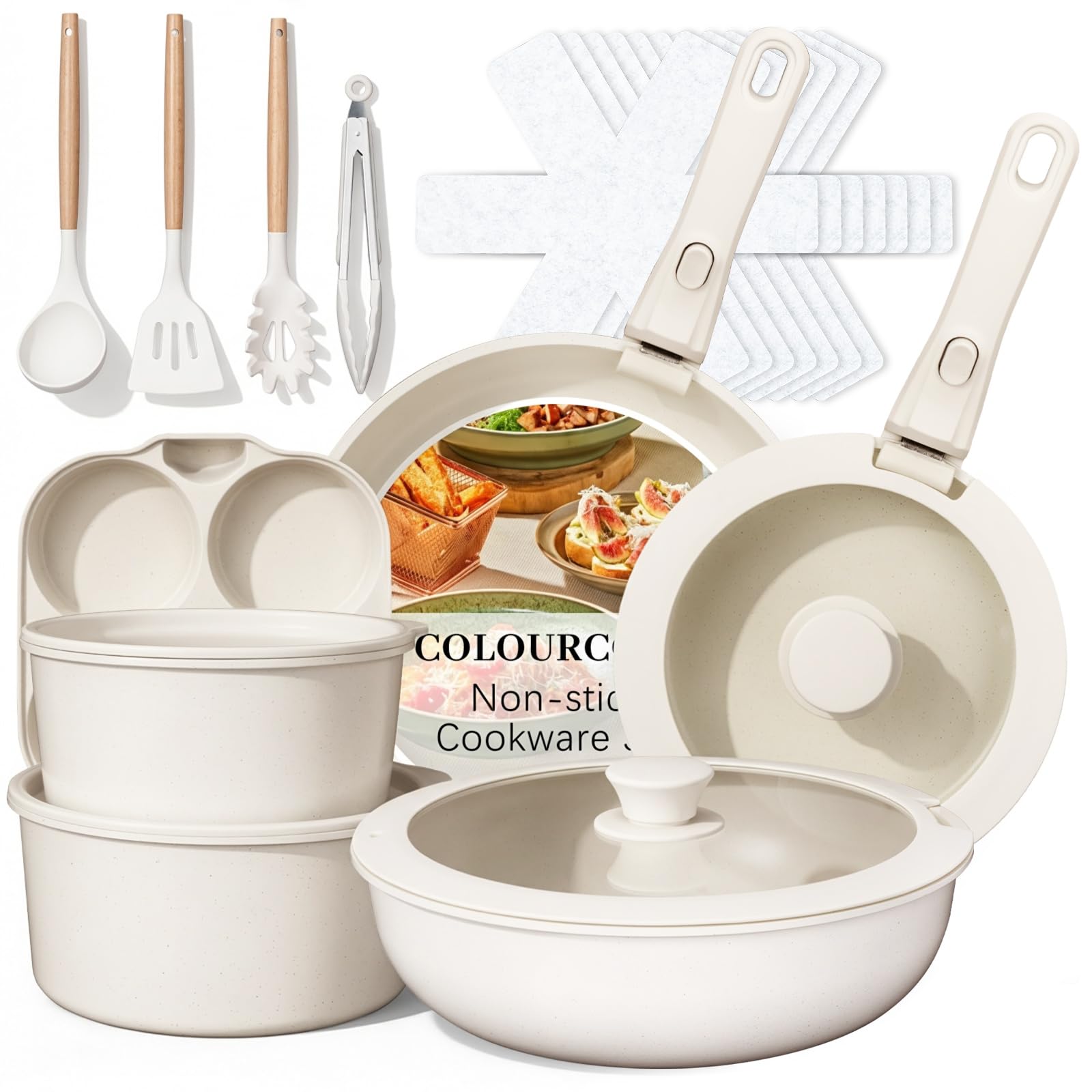 Batterie De Cuisine 23 Pièces, Poêle Induction, Casserole Induction, Poêle Antiadhésive, Poignée Amovible, Allant Au Four, Adaptée À Toutes Les Cuisinières, Maison, Camping, Couleur Crème