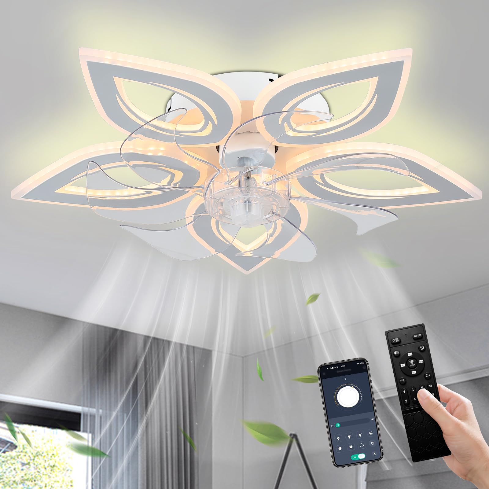 Modern Flush Mount Ceiling Fan with Lights Dimmable
