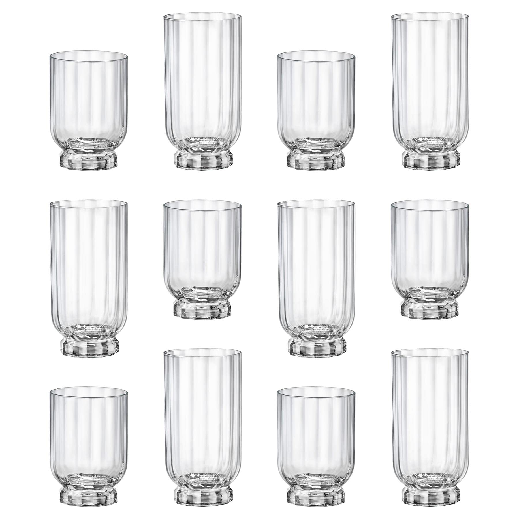 Bormioli Rocco 12pc Clear Florian Glassware Set - Mixed Glass Highball Cocktail Gin Glasses and Water Whiskey Drinking Tumblers