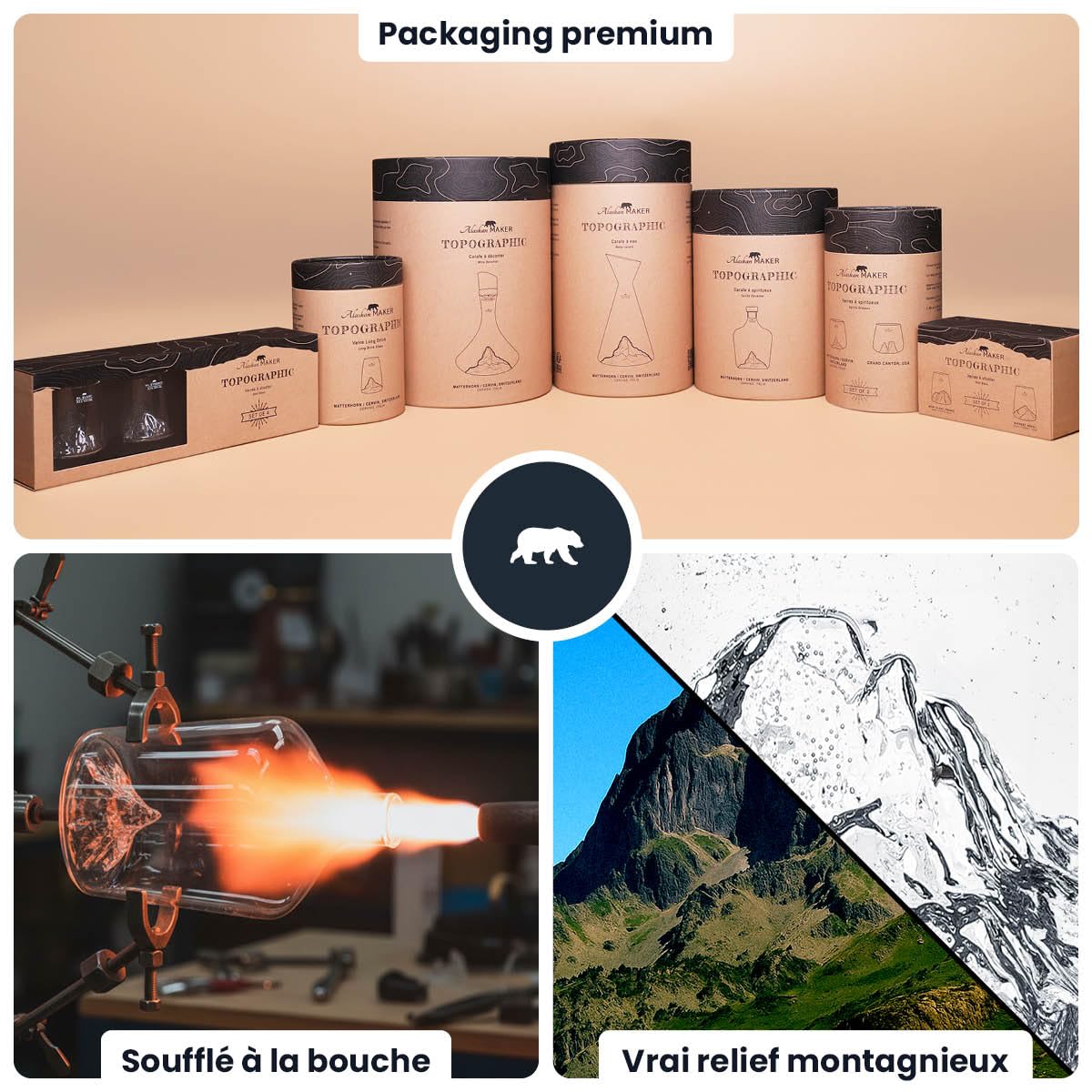 Carafe à spiritueux 1,2L – Verre borosilicate soufflé artisanalement avec montagne en relief 3D | Bouchon bois & liège, design premium | TOPOGRAPHIC (Mont Blanc)
