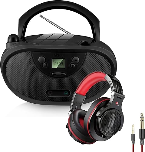 hPlay GC04 - Reproductor de CD portátil con radio estéreo AM FM para niños, pantalla LCD, puerto auxiliar frontal y auriculares (rojo), compatible disponible en Yaxa El Salvador