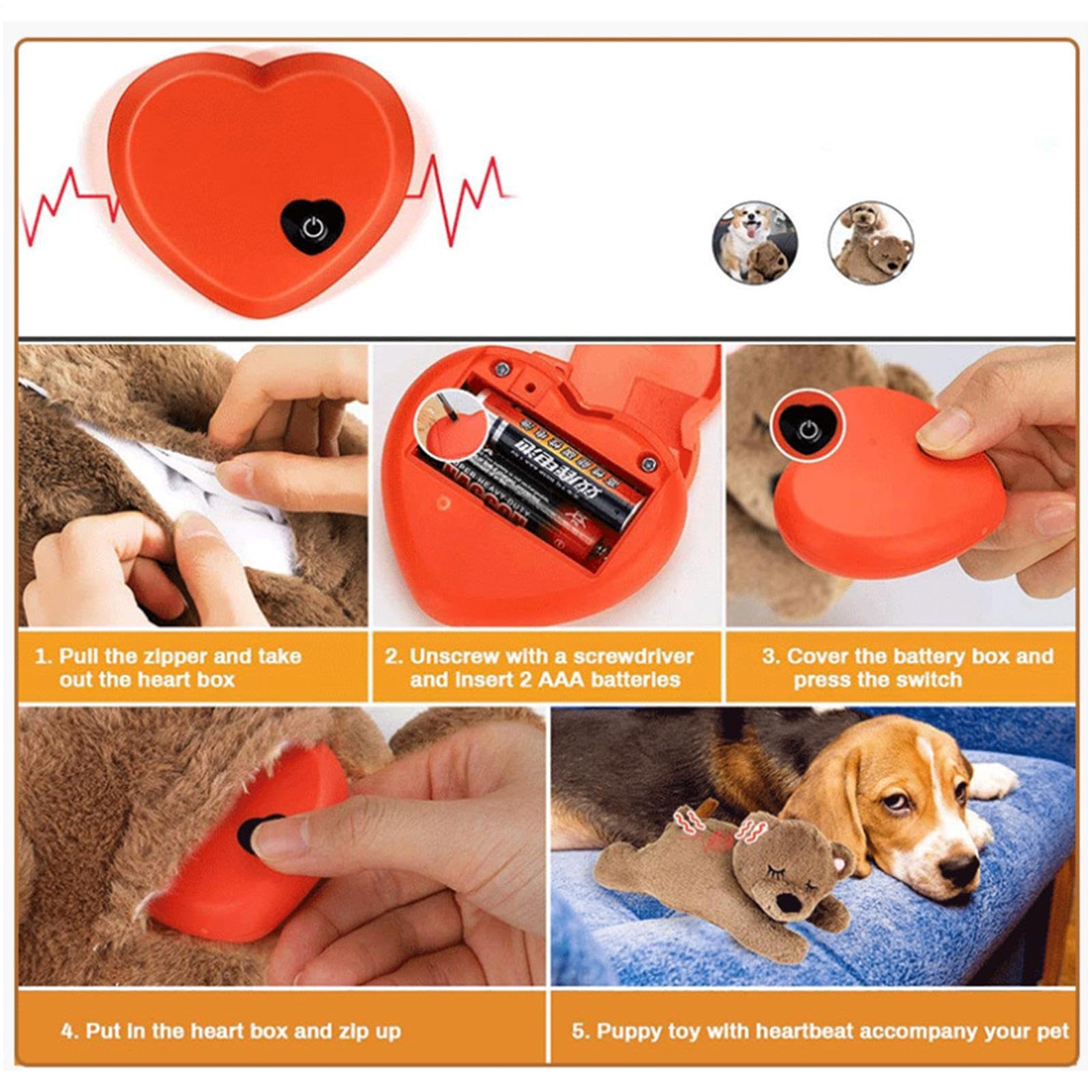 Jouet en peluche avec battement de cœur – Ours confortable pour chien de 14 cm, doux et amovible rembourré avec vibrations douces | Encourage les chats et chiots à se détendre, soutenir l'exploration