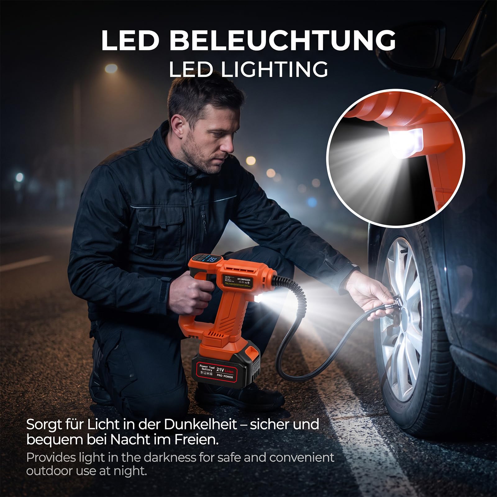 Kabelloser Auto-Luftkompressor, Luftkompressor mit Li-Ionen-Akku, Autoreifen-Pumpe mit LED-Licht für Autos, Motorräder, Fahrräder Sportbälle