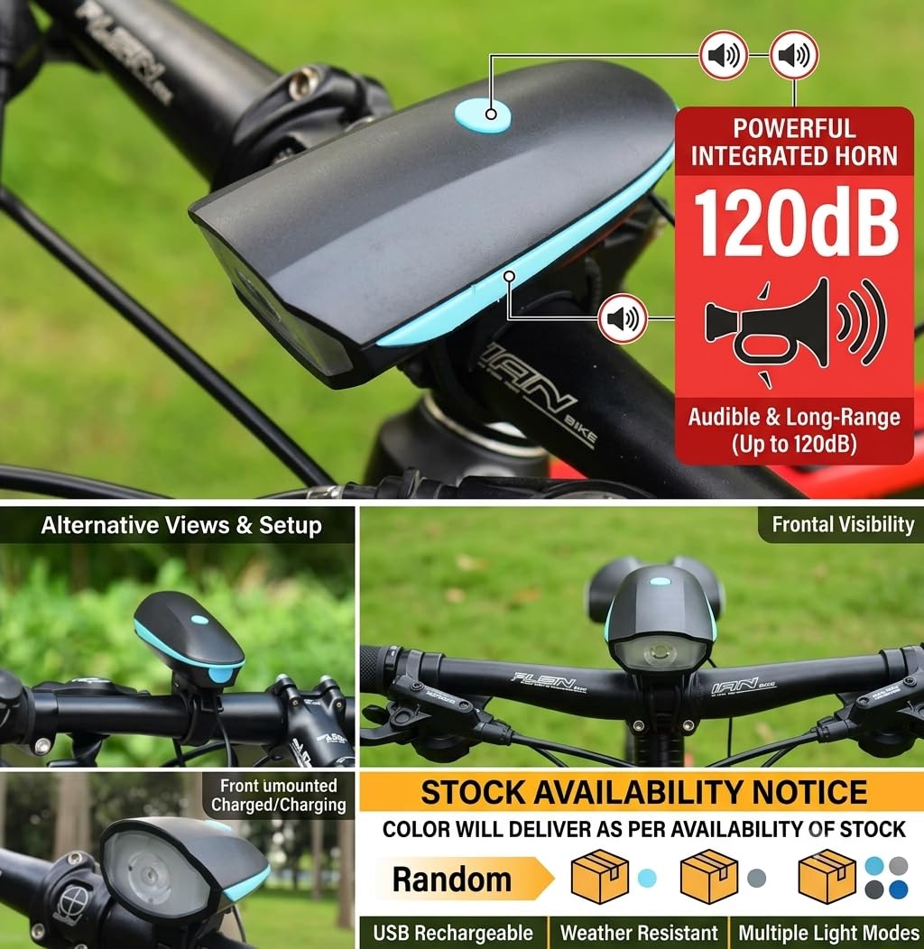 Ilsha® 2-in-1 Rechargeable - Cycle Light (3 Modes) and Horn/Waterproof (120 dB) with Front LED Light (Multicolor) 4