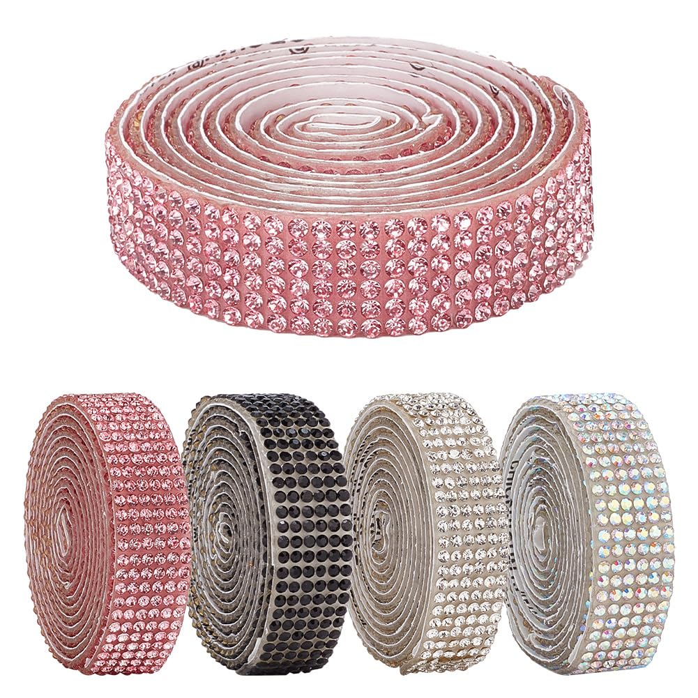 GOMAKERER 4 Pcs Rhinestone Ribbon, 4 Colors Self Adhesive Resin Rhinestone Tape Bling Rhinestone Sticker Decorative Sparkling Ribbon Tape for Arts Crafts Gift Decoration Costume Accessories