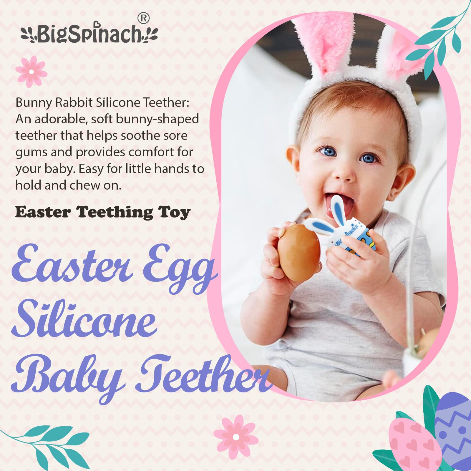 BIGSPINACH Easter Egg Baby Teether,Baby Teething Toy for Pain Relief,Silicone Bunny Rabbit Teether,Easter Gift for Babies,Sensory Toy for Boys & Girl (Blue)
