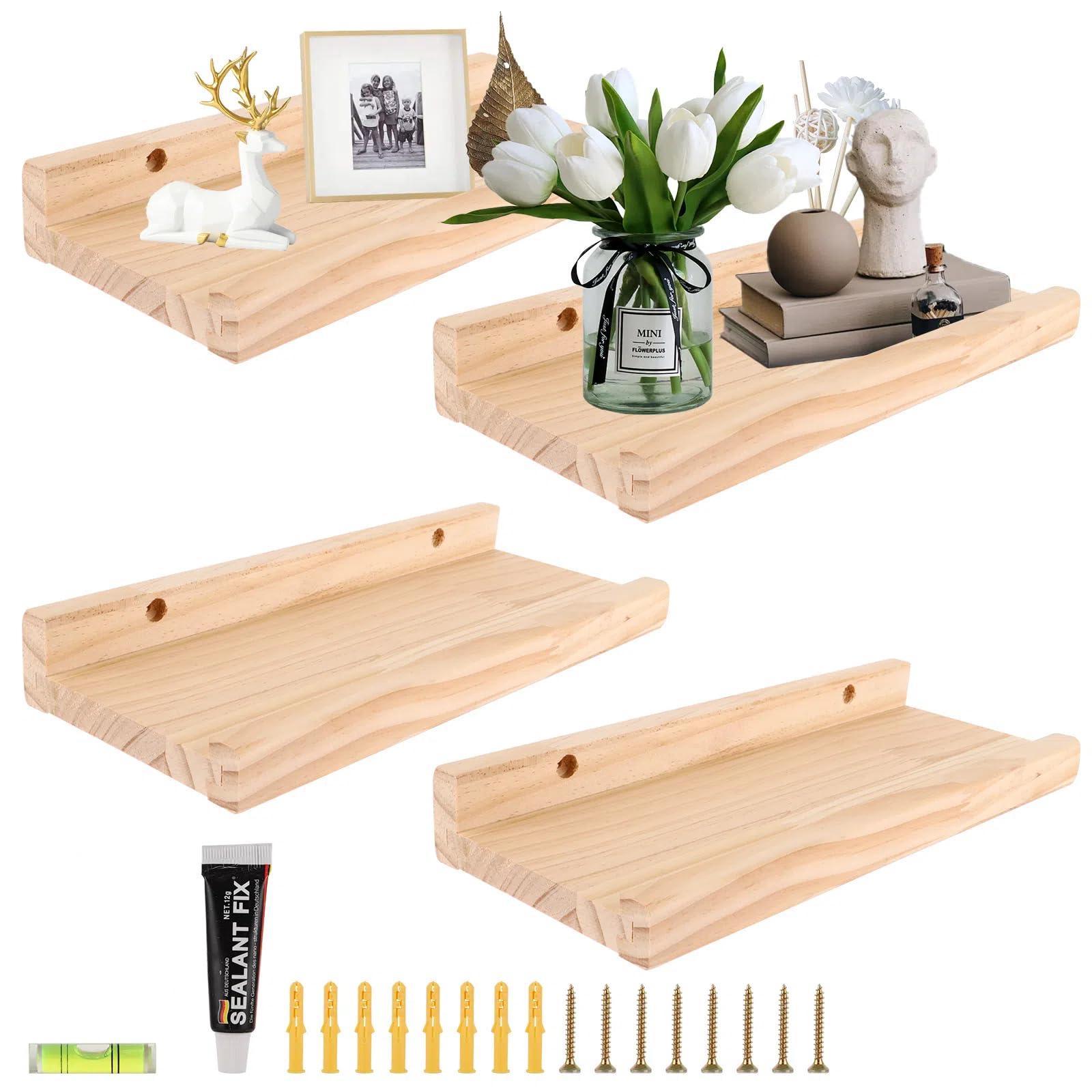 MUXHEL Juego de 4 estantes de pared de 30 cm de largo, de madera, pequeños estantes flotantes, estantería de pared flotante, estantería de madera, para salón, cocina, habitación de los niños,