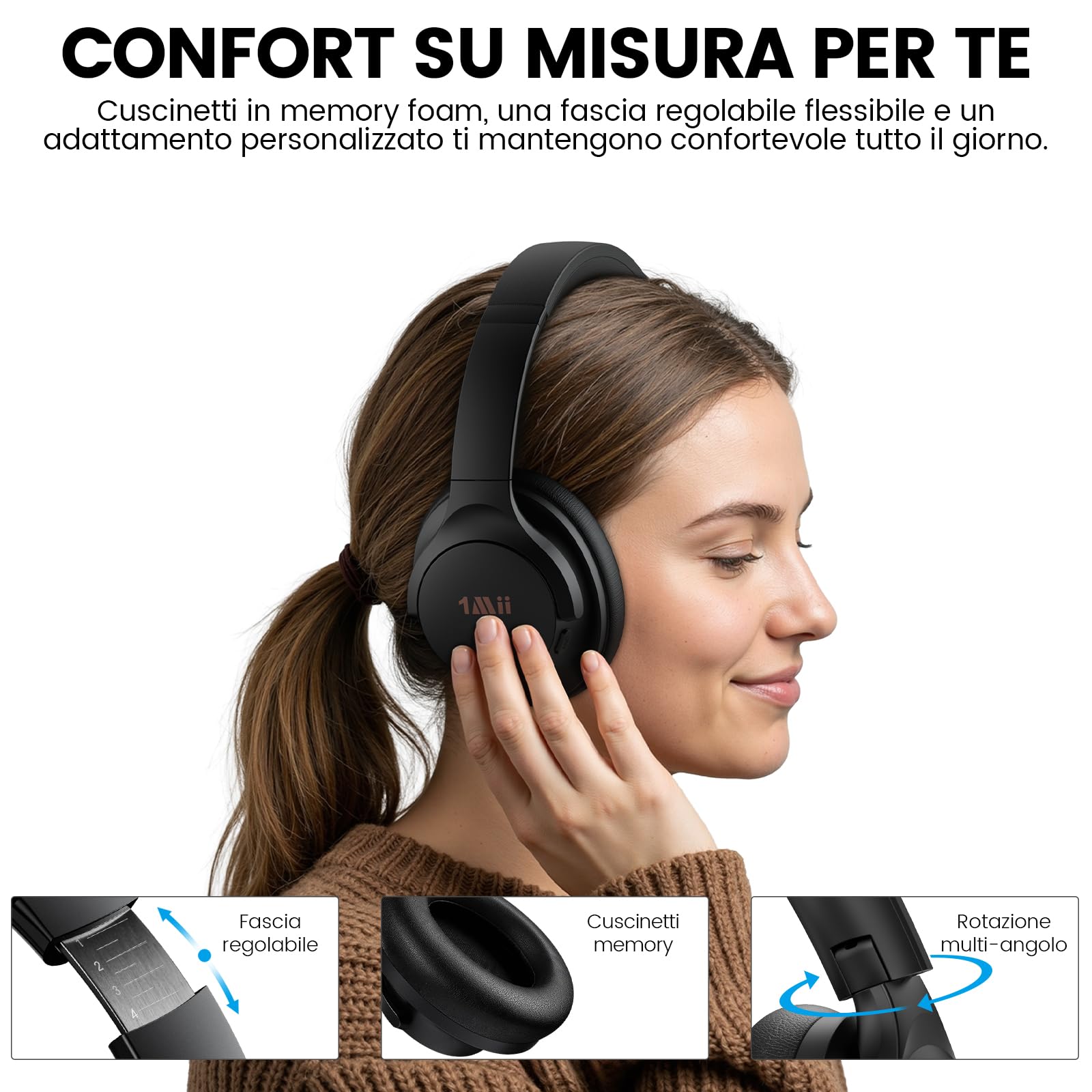 1Mii Y8 Cuffie Bluetooth 6.0 Wireless con ANC Ibrida, LDAC Hi-Res | Cuffie Over Ear con Riduzione Attiva del Rumore, 100 Ore di Autonomia, Bassi Profondi, EQ Personalizzato tramite App, Comode