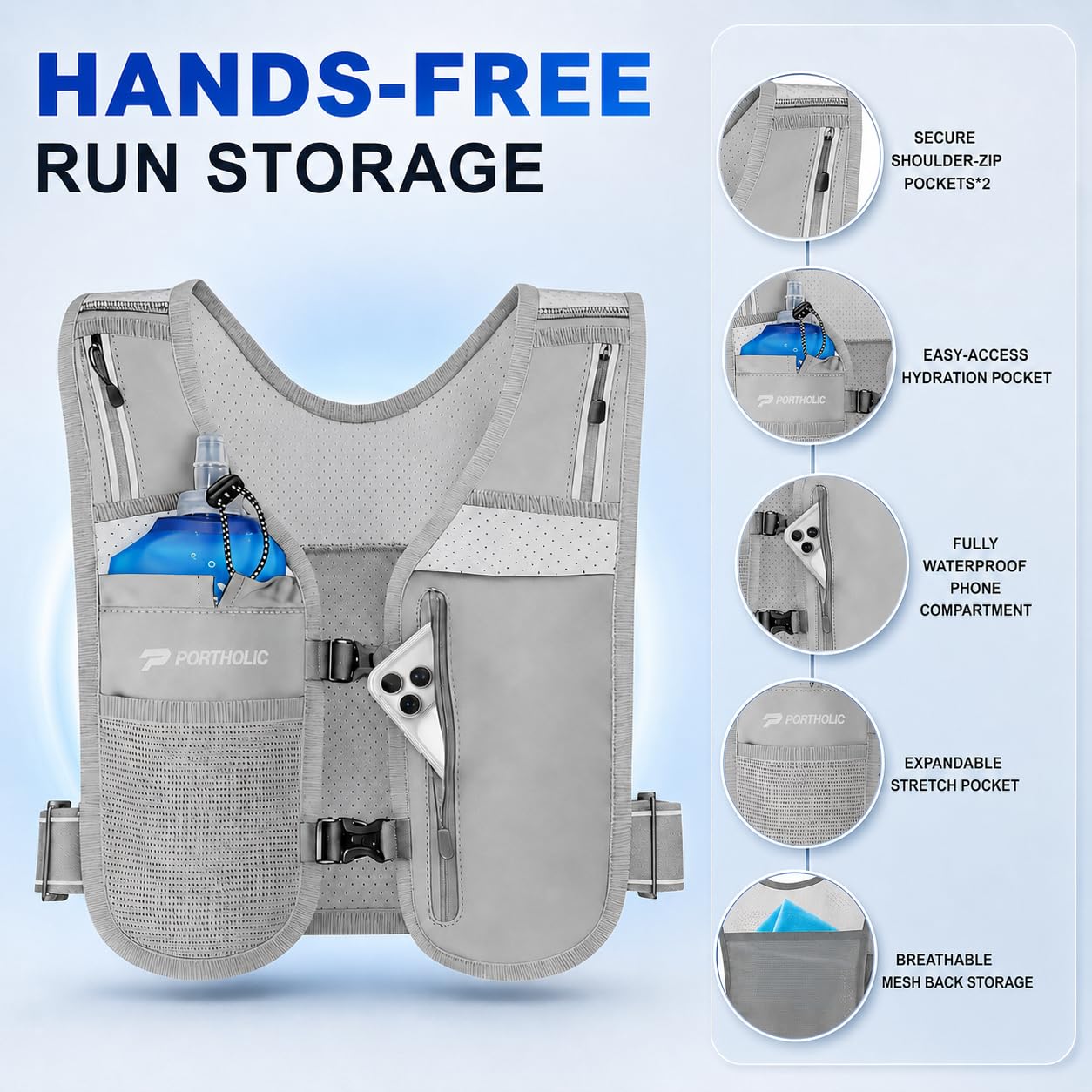 PORTHOLIC Chaleco de Hidratación para Correr Hombre y Mujer con Botella 470ml/17oz | Chaleco Reflectante Ajustable | 6 Bolsillos | Ligero y Transpirable | para Running, Senderismo, Trail Running